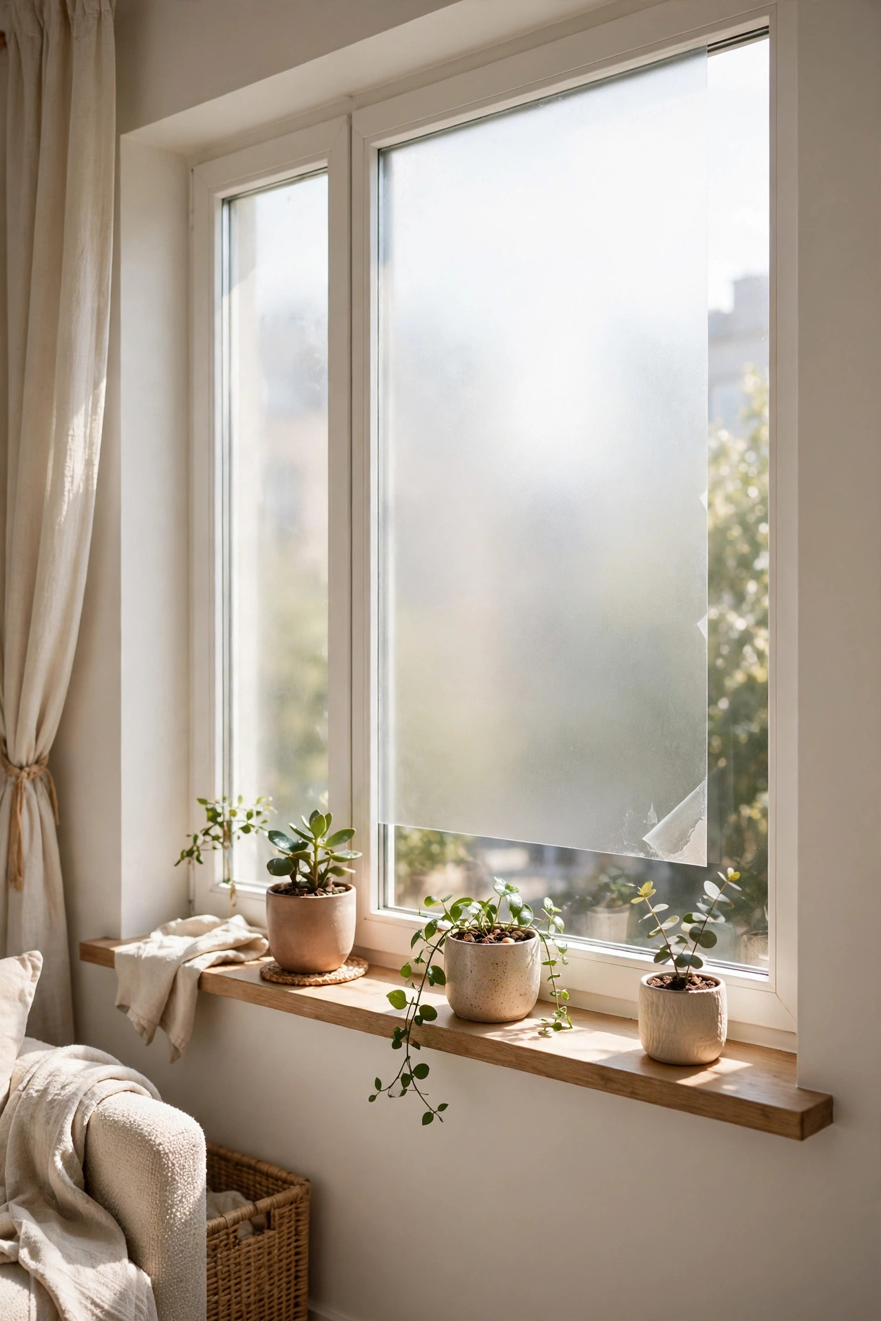 Apartment window with frosted privacy film letting daylight through.