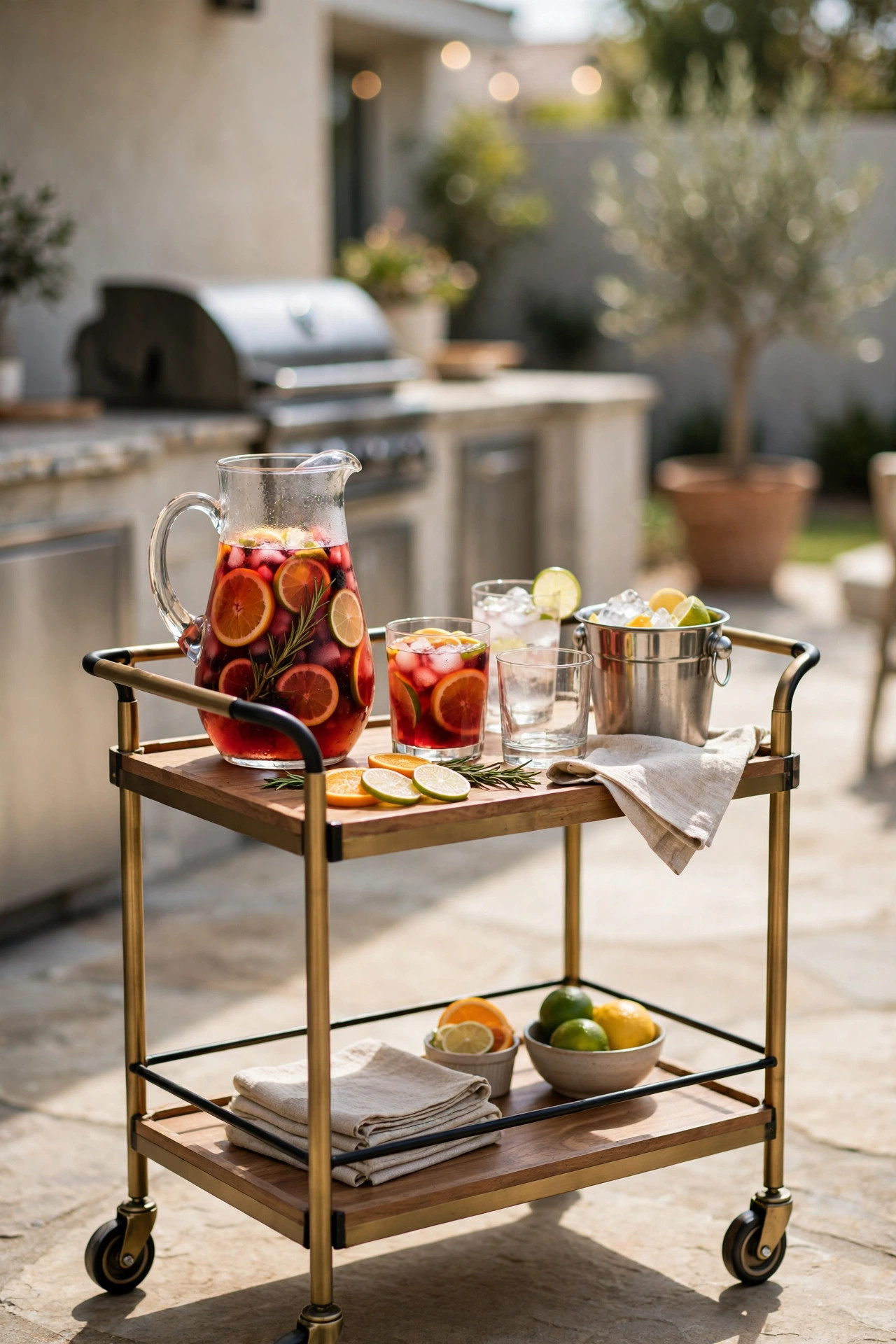 Rolling bar cart stocked with drinks and glasses on the patio