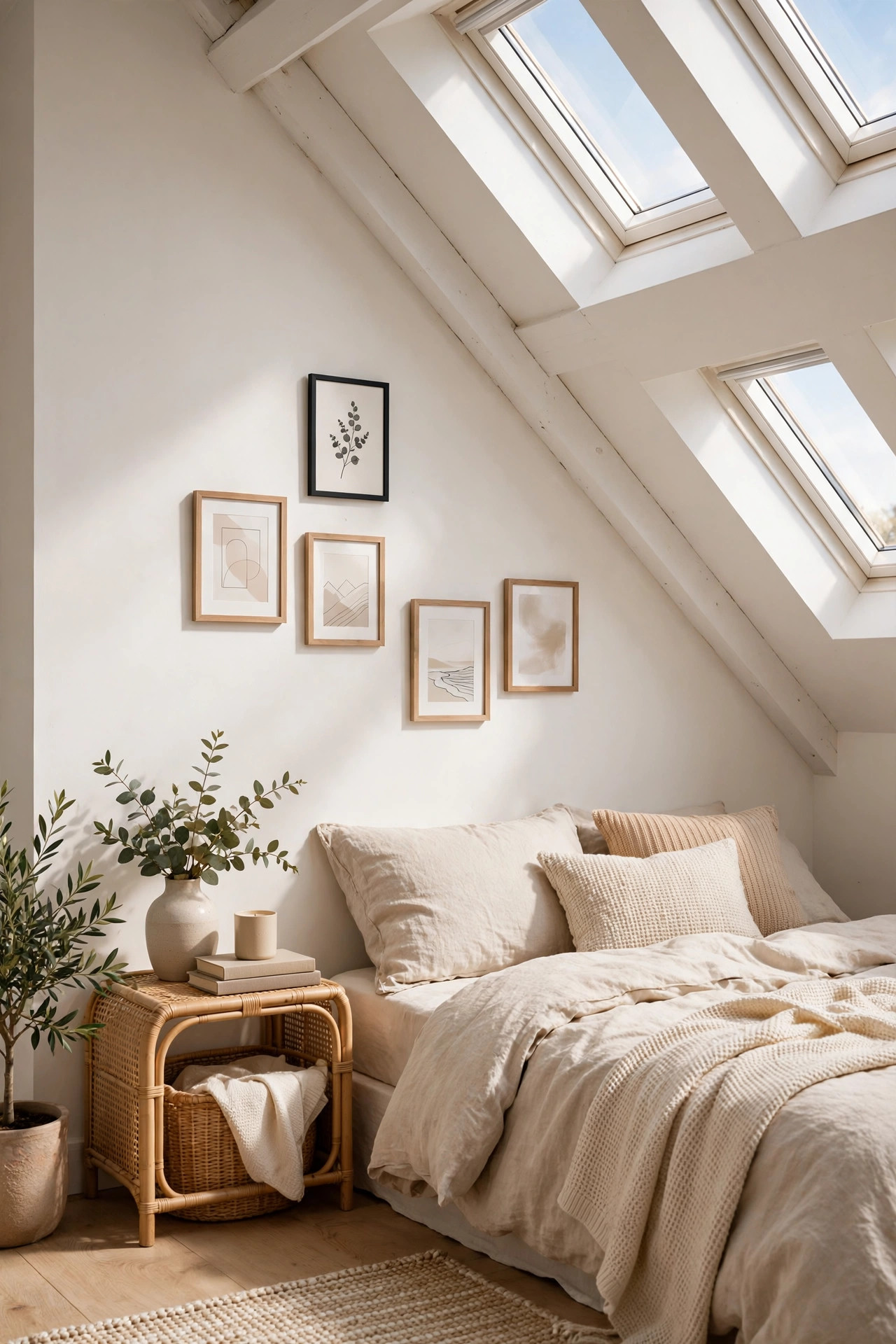 Small framed art prints arranged on a sloped attic wall following the roofline.