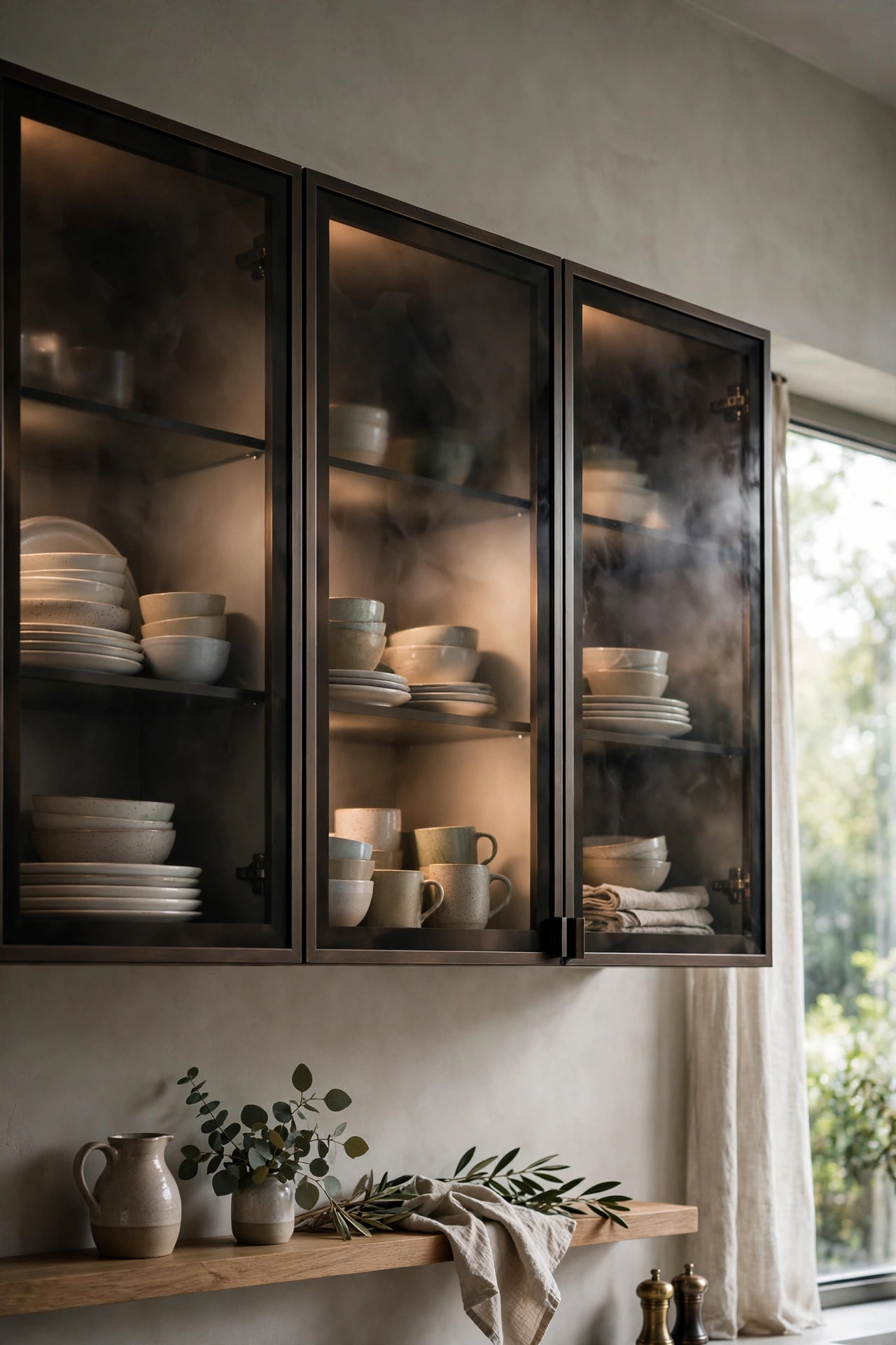 Smoky glass cabinet doors with dark frames glowing softly from interior lights.