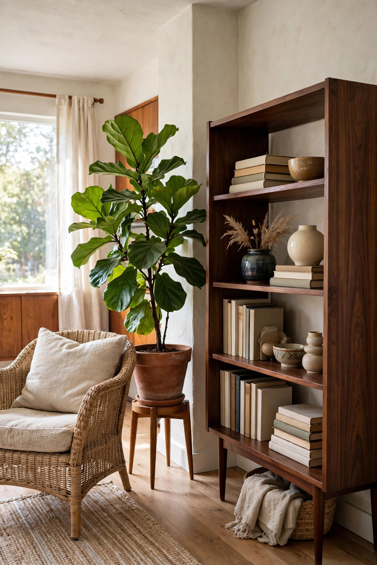 17 Mid-Century Modern Living Room Ideas That Still Feel Fresh 13 Large fiddle leaf fig tree in a terracotta pot beside a walnut bookshelf