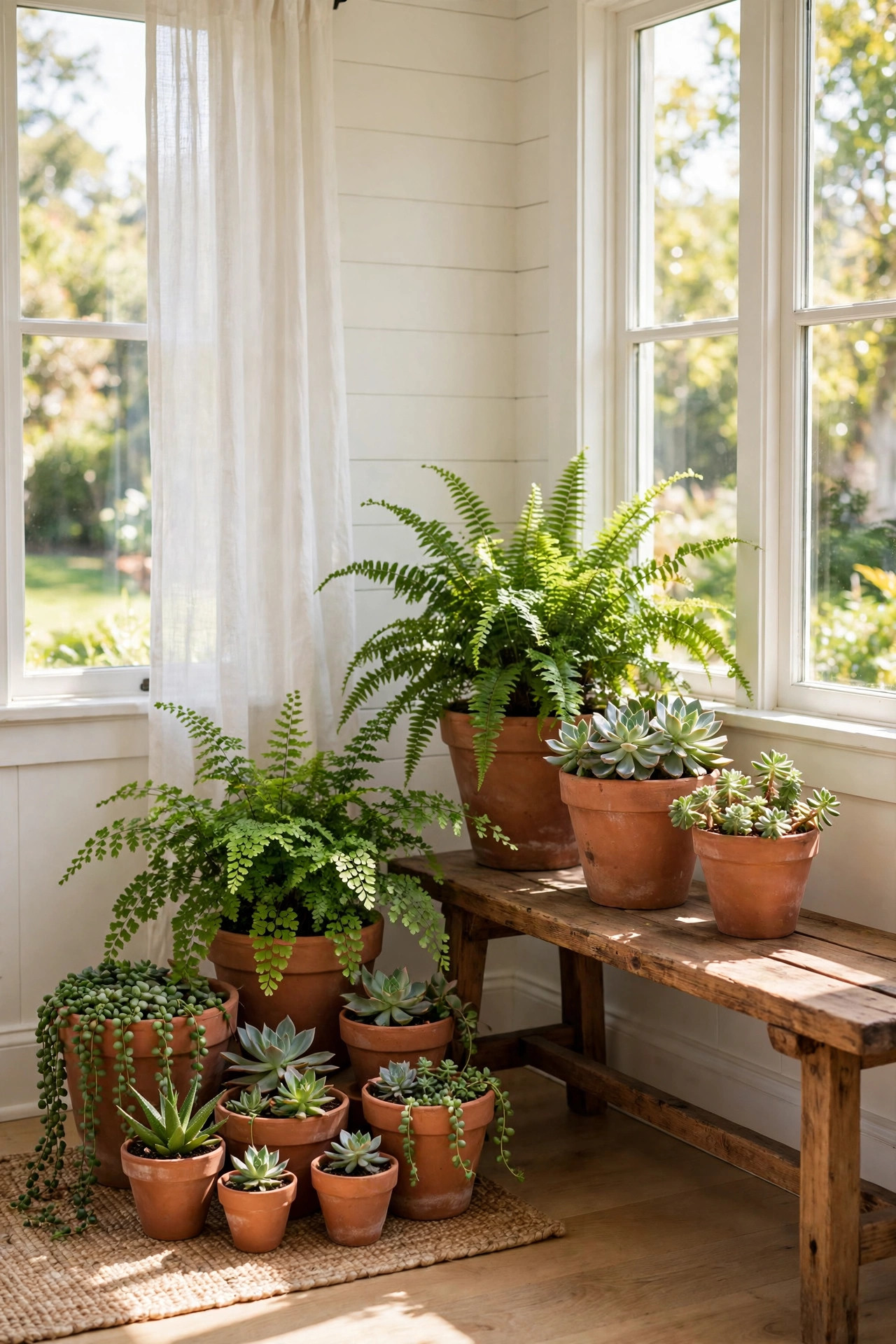 Grouped terracotta pots in varied sizes filled with succulents and ferns beside a wooden bench
