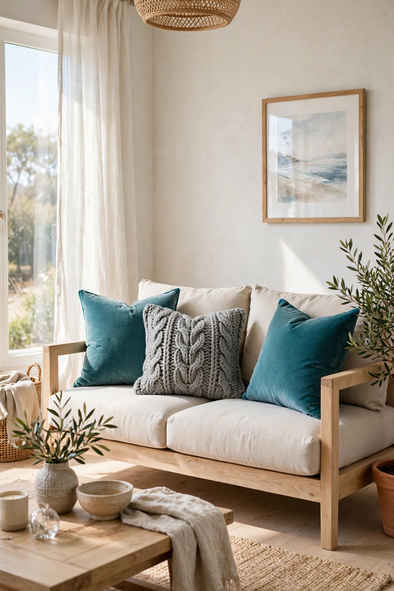 Sunlit window seat reading nook styled with a terracotta velvet pillow and a sand colored knit pillow