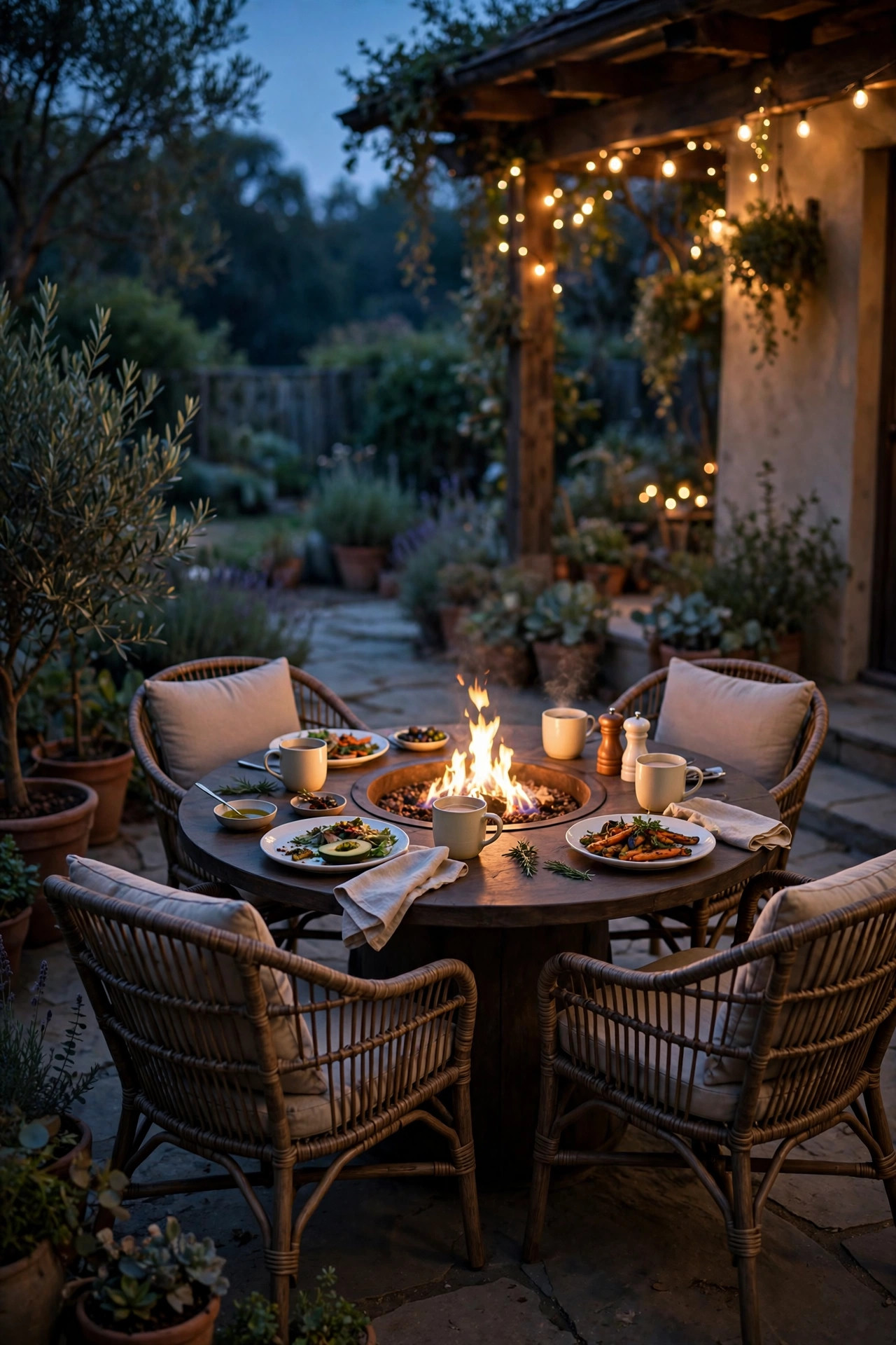 17 Outdoor Dining Ideas for Small Patios 13 Round fire pit dining table with a gentle flame glowing at its center on a patio at dusk, chairs and tableware around it