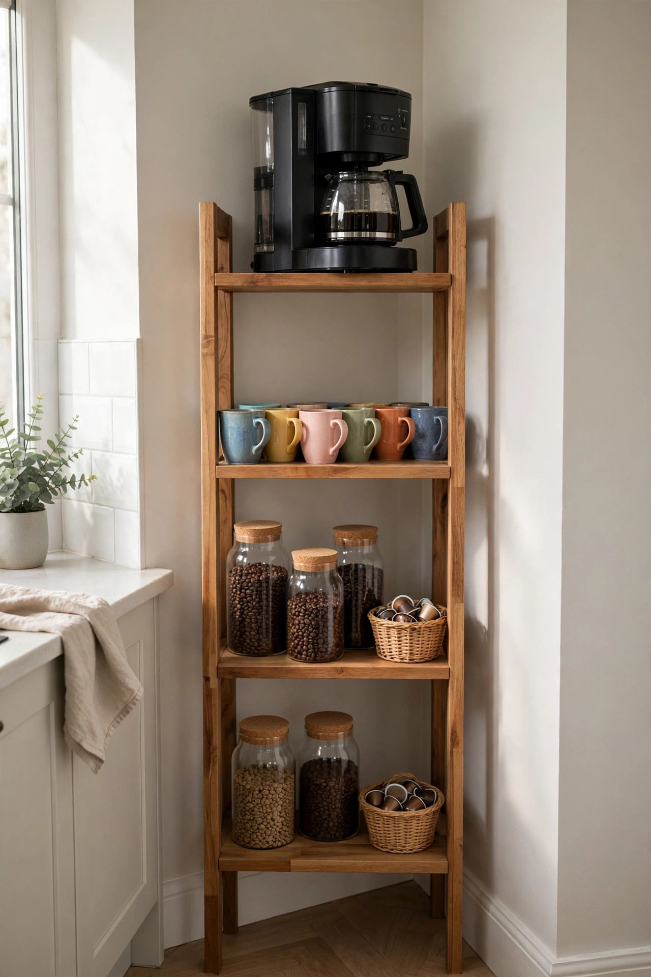 Narrow wooden bookshelf used as a coffee tower with a coffee maker and mugs.