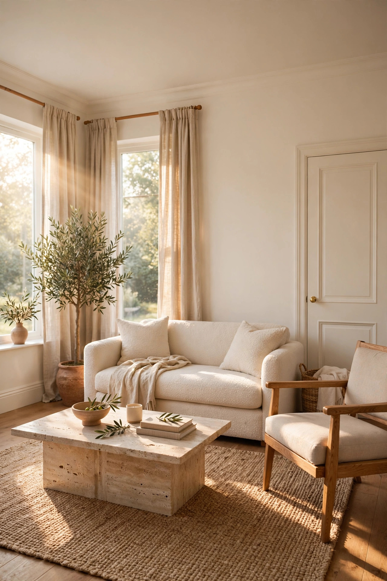 Warm white family room with tone on tone painted walls