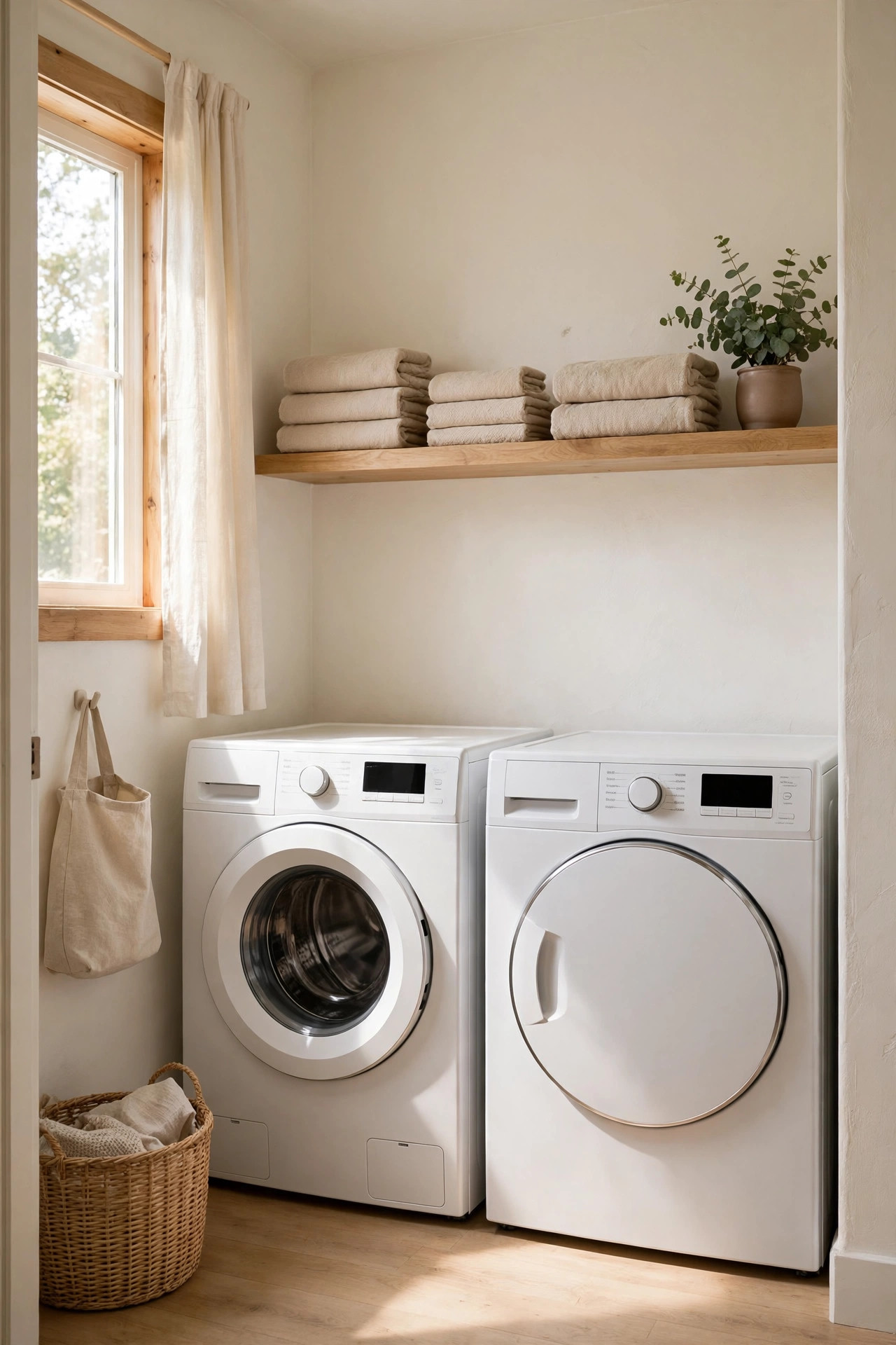 Small laundry room painted in warm creamy white with soft natural daylight.