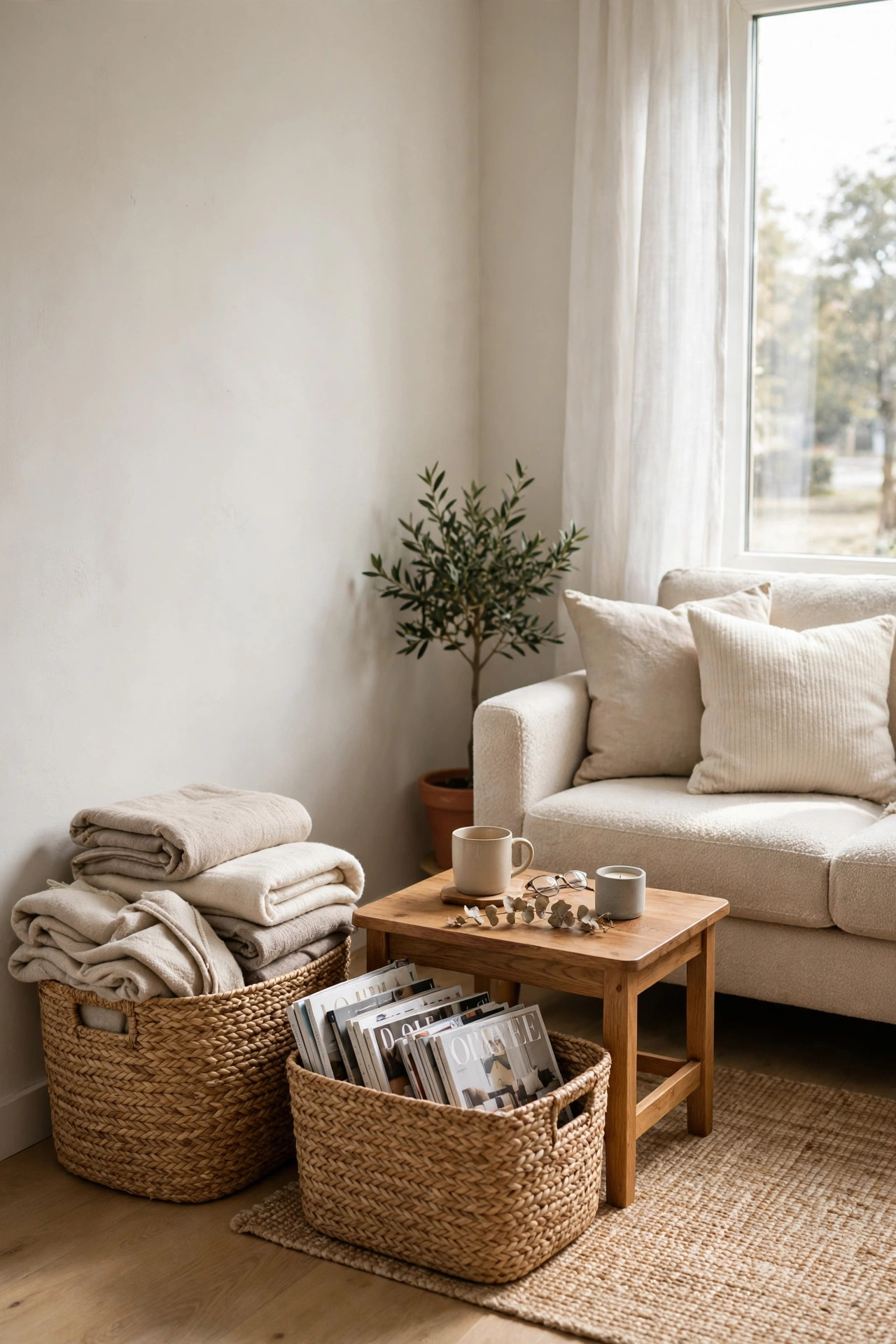 Two woven seagrass baskets beside a coffee table holding folded throws and magazines