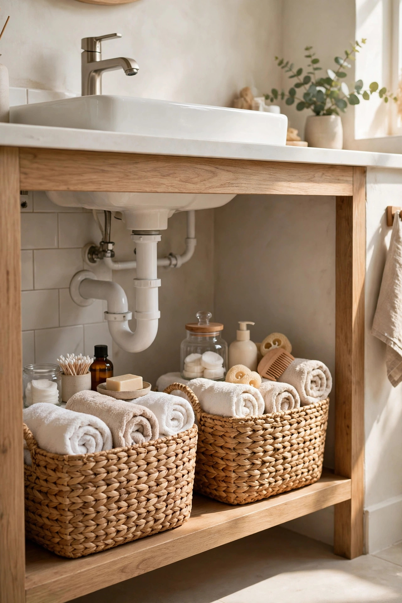Woven seagrass baskets holding towels under an open bathroom vanity.