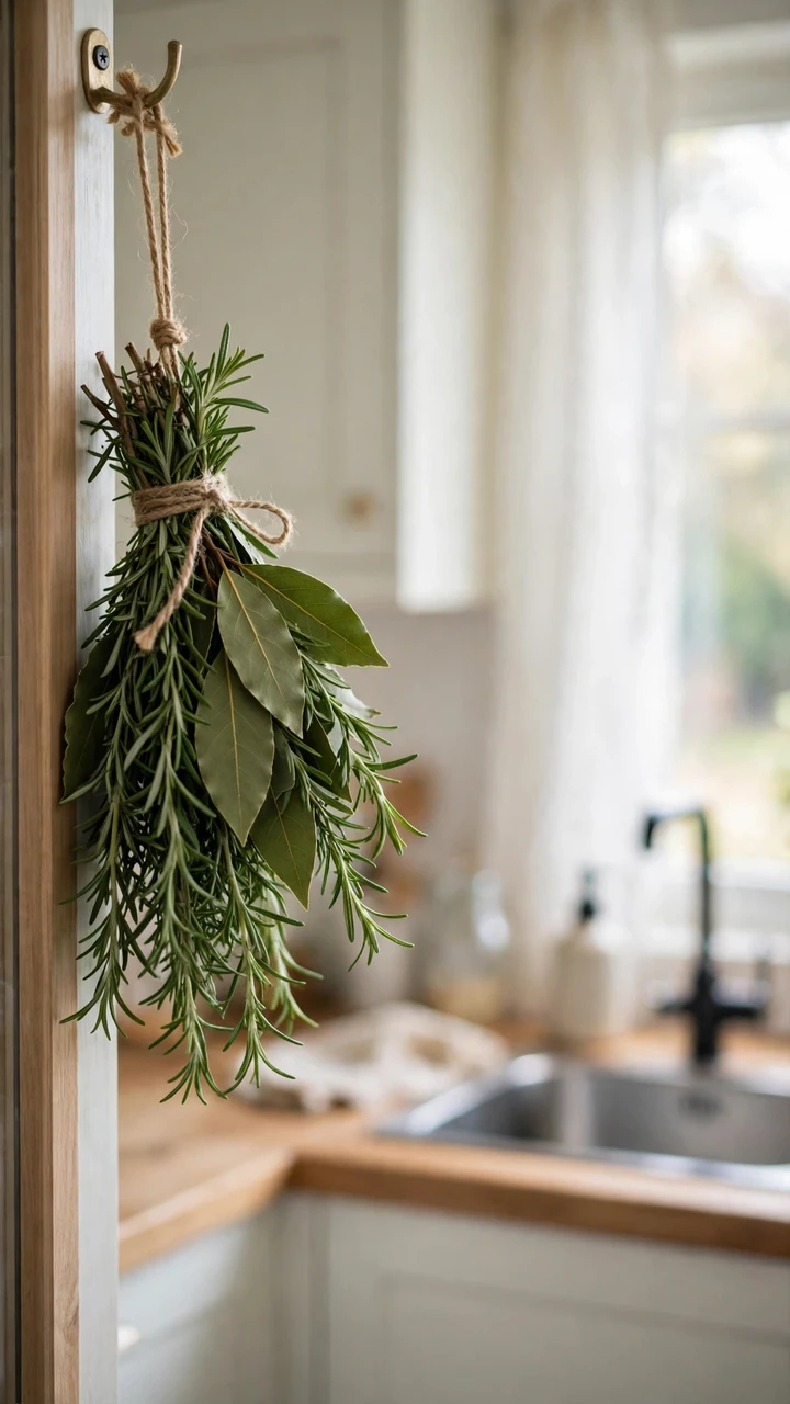 A bundle of fresh rosemary and bay leaves tied with twine hanging from a hook by a kitchen window, with a sink and counter behind it.