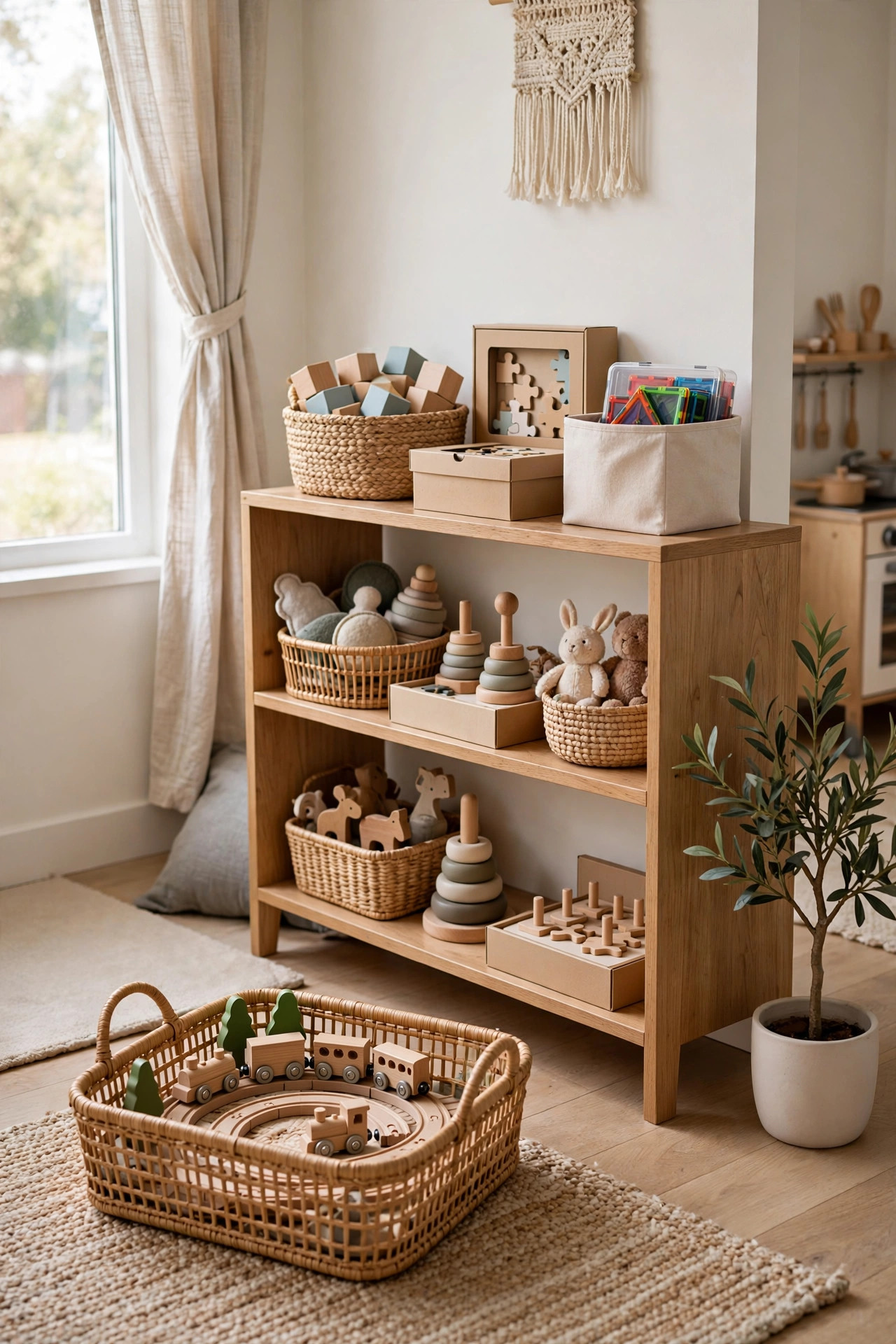 16 Playroom Ideas That Keep the Mess Contained 14 A library-style shelf of toy sets in baskets with a woven checkout basket holding a train set.