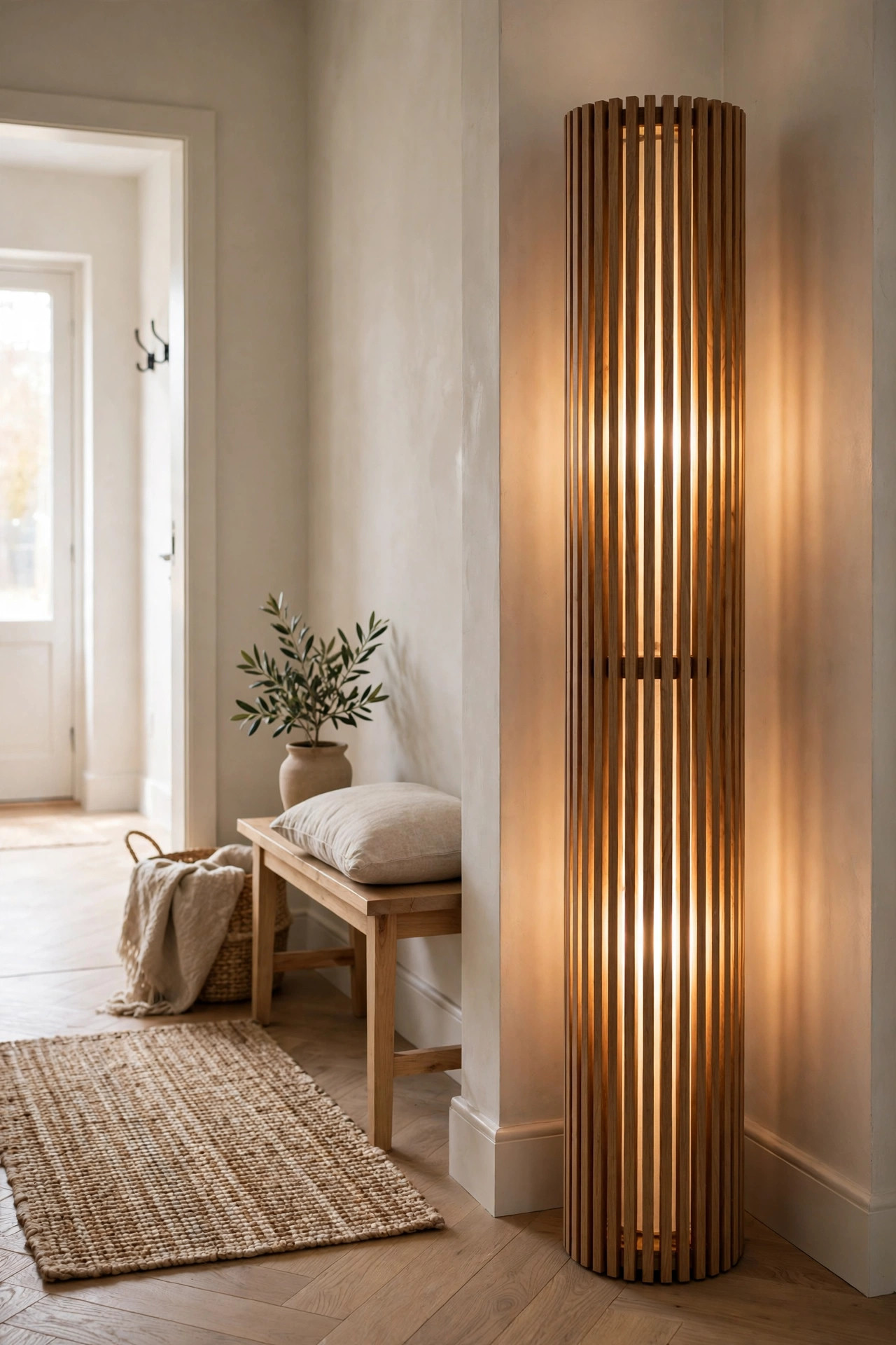 A slim wooden column floor lamp with warm light glowing through slatted panels in a hallway nook.