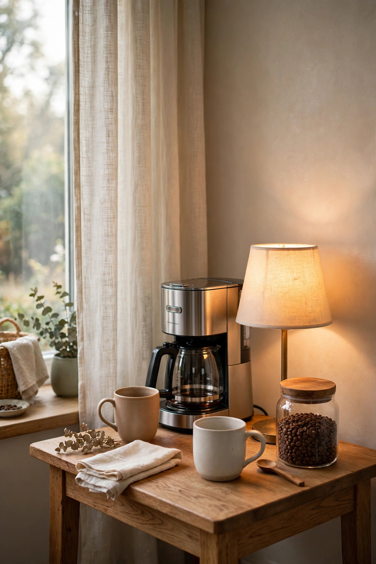 Small table lamp glowing warmly beside a coffee maker on a wooden side table.