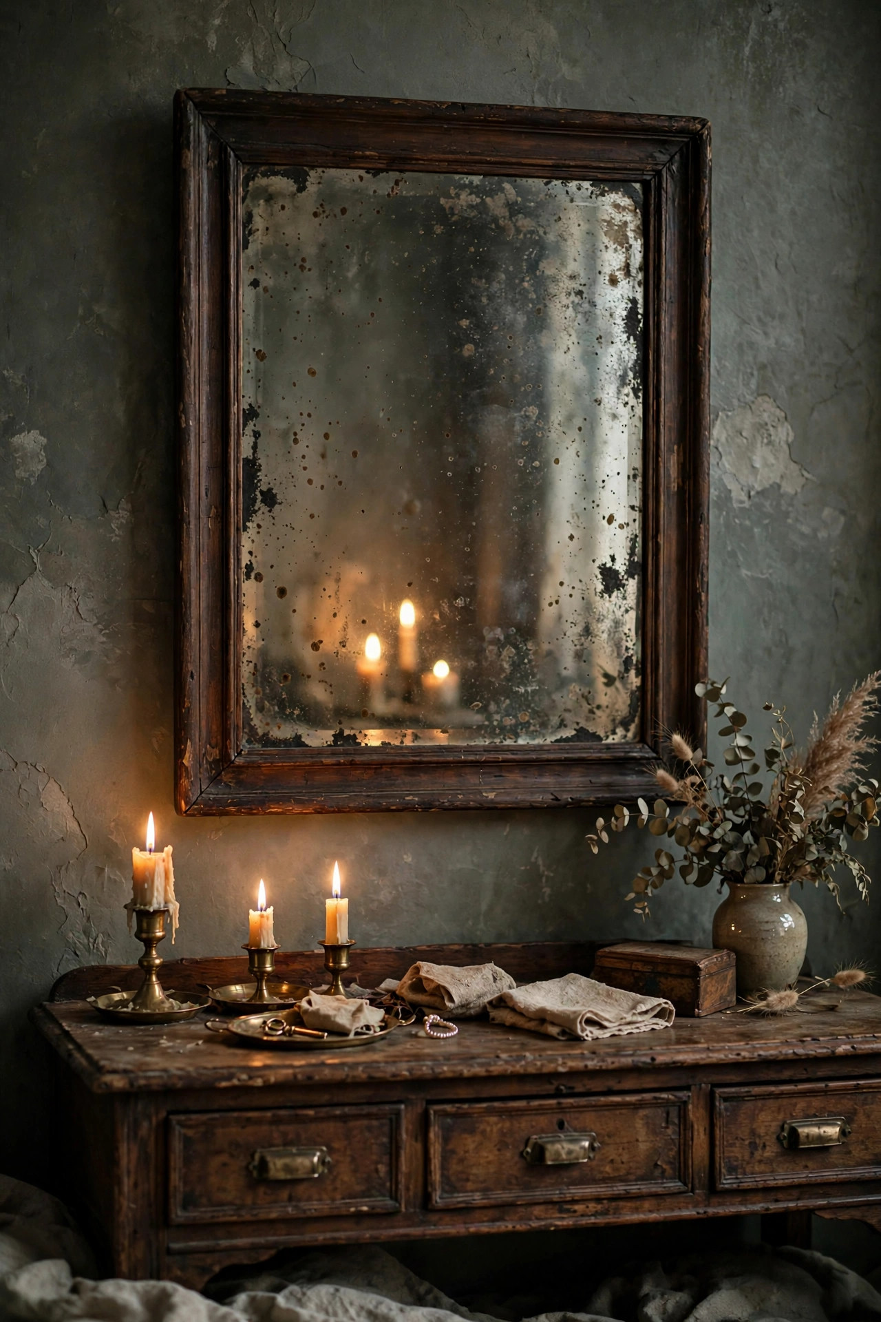 21 Dark Academia Room Decor Ideas That Feel Like an Old Library 14 Antique foxed mirror in a dark wood frame above a vintage dresser