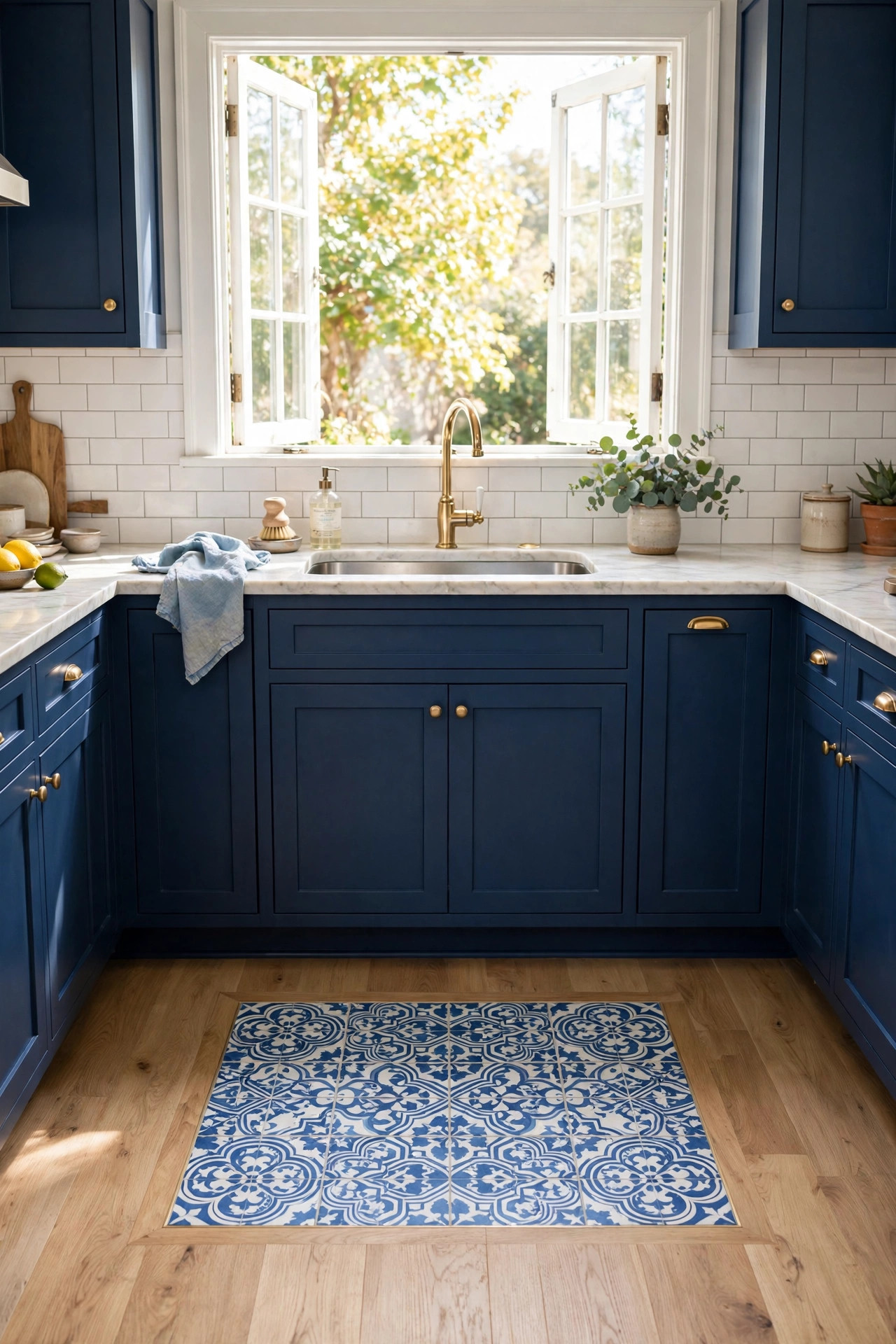 Patterned blue tile floor accent
