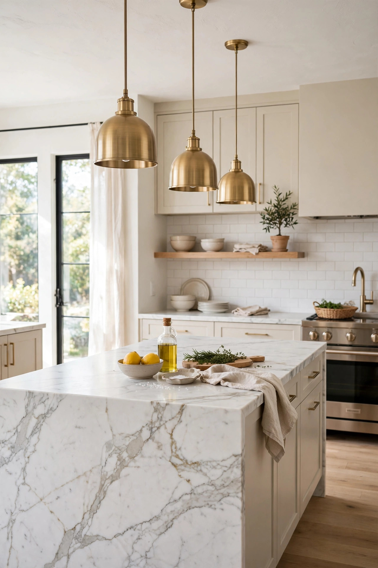 Brass pendant lights hanging over a white marble kitchen island.
