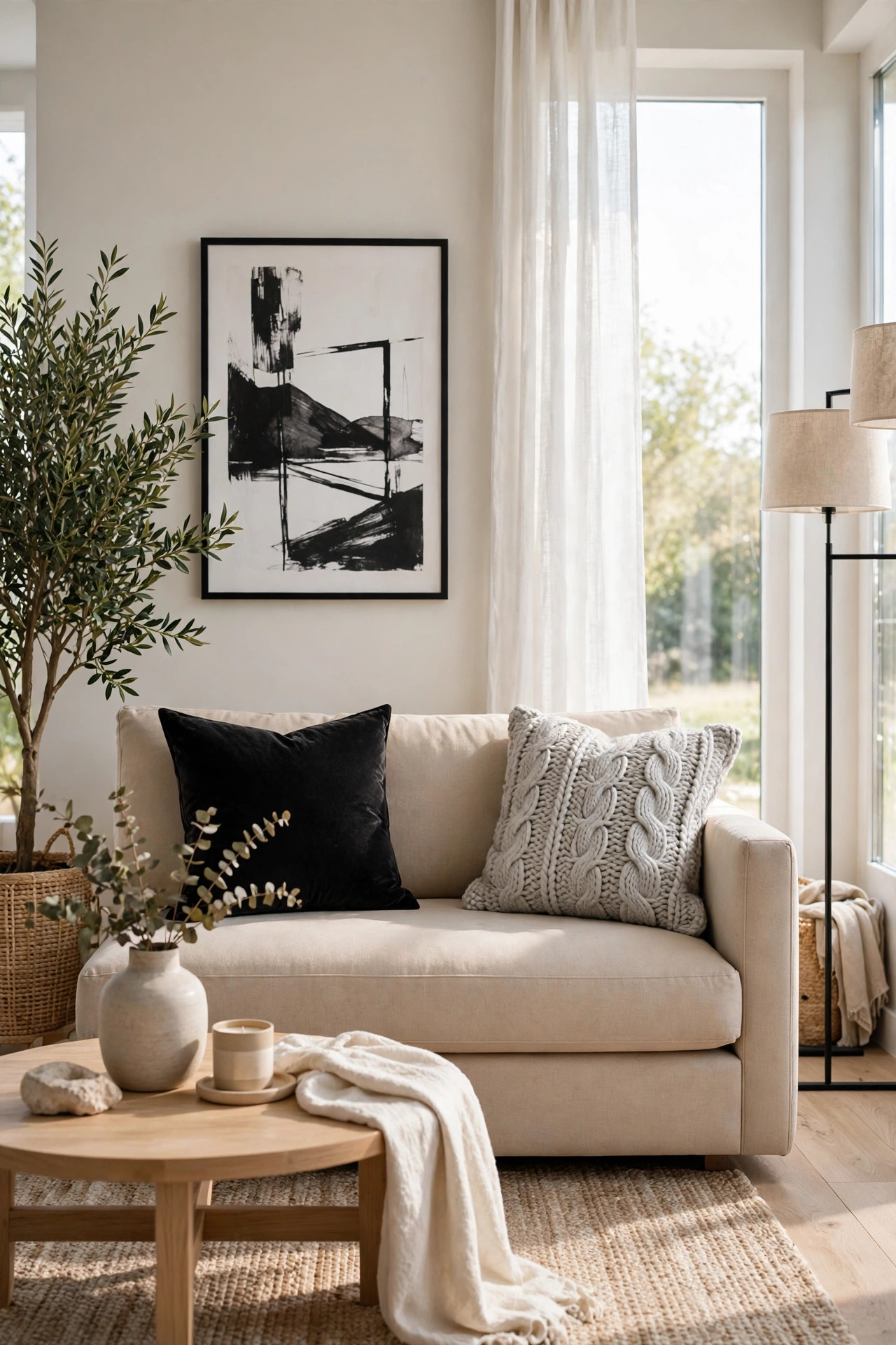 Ivory sofa styled with a chocolate brown velvet pillow and a cream chunky knit pillow over a textured rug