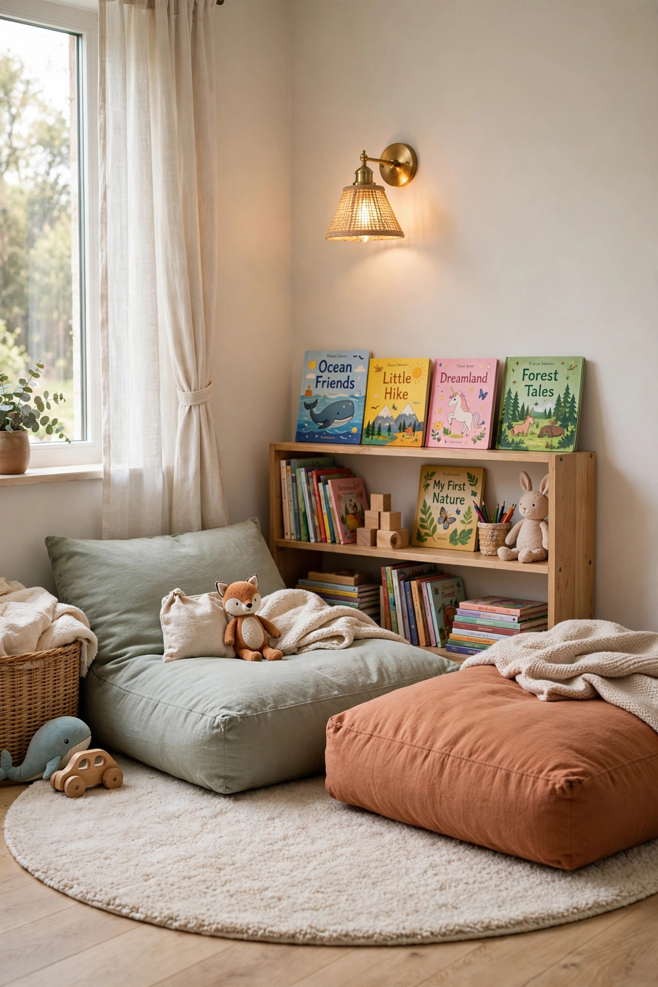 Cozy corner reading nook with floor cushions in a kids bedroom.