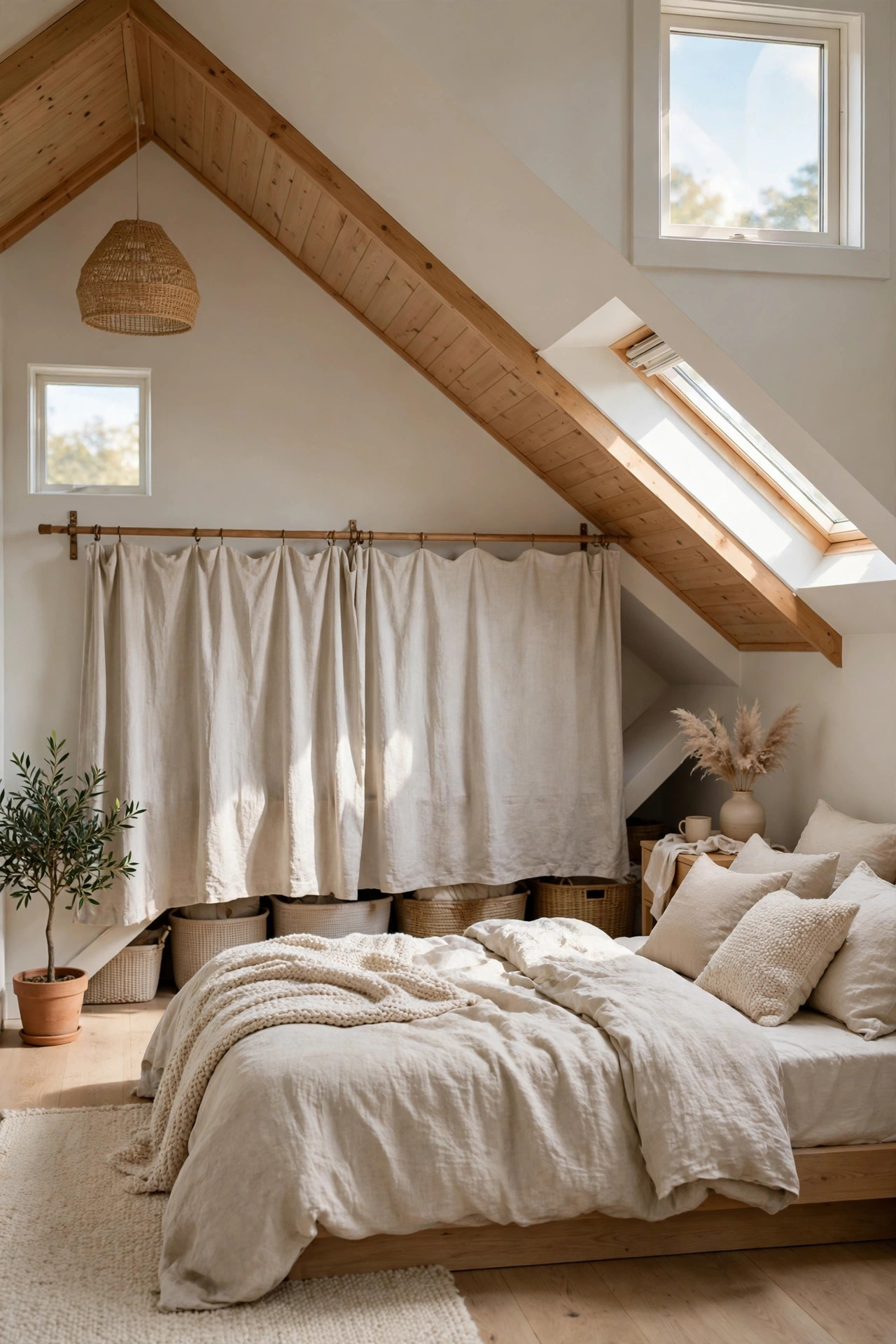 Linen curtain hiding storage bins behind a bed under low attic eaves.