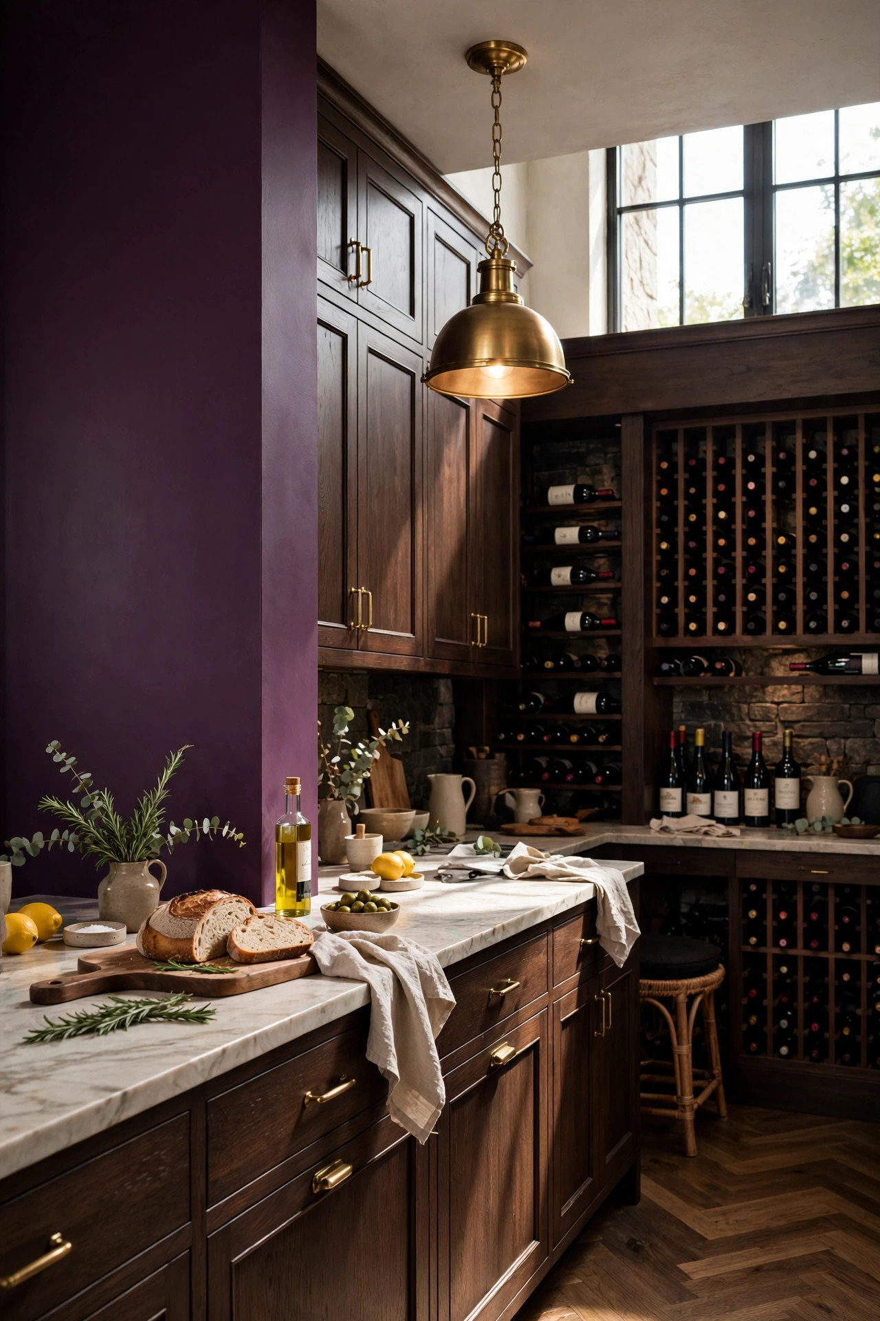 Deep plum accent wall in a kitchen with dark wood cabinets and brass lighting.