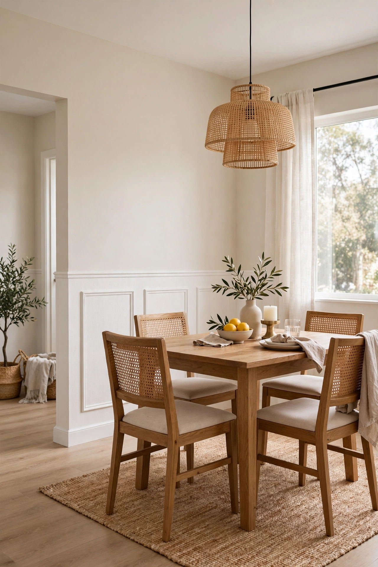 Dining area with faux white wainscoting peel and stick wallpaper on lower walls.