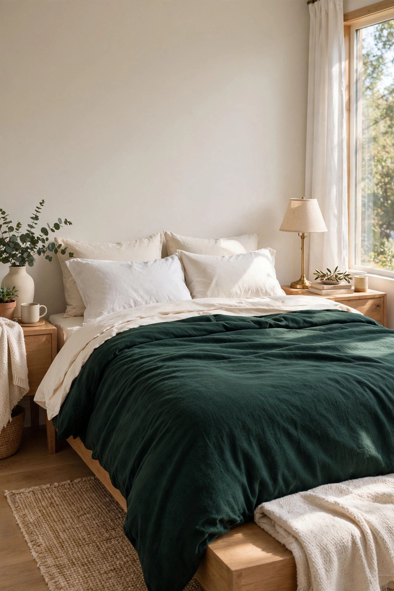 Cozy Winter Home Decor Ideas for After the Holidays 14 Bed dressed in a deep forest green flannel duvet with cream sheets folded over the top