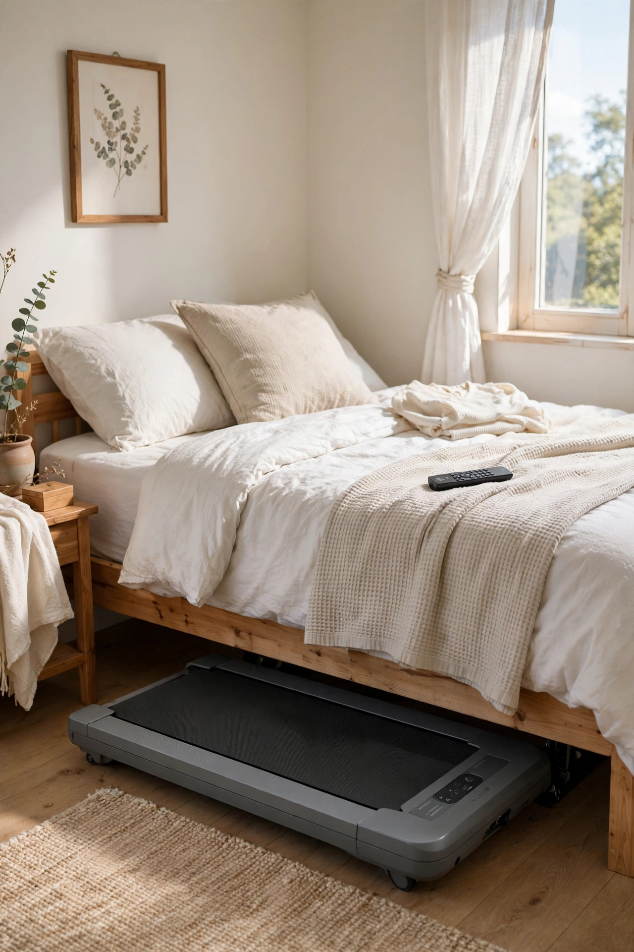 17 Small Home Gym Ideas That Fit in Any Corner 14 Slim walking pad treadmill partially slid out from under a bed