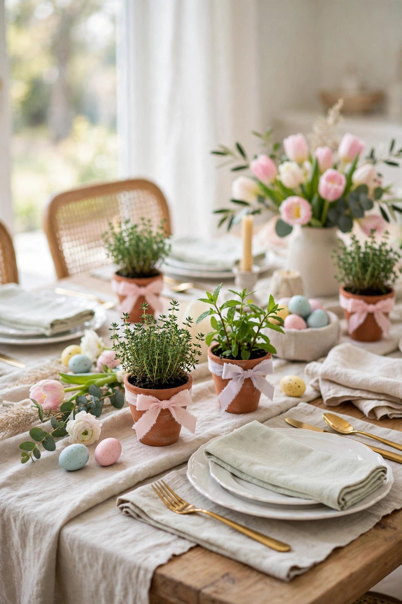 Small terracotta pot of fresh thyme with a ribbon at a place setting