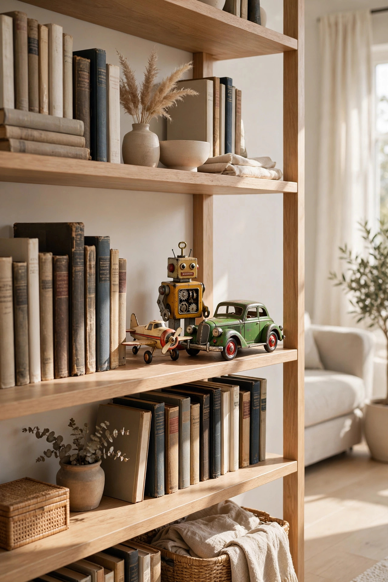 Vintage tin toys grouped in one corner of a bookshelf balanced by books