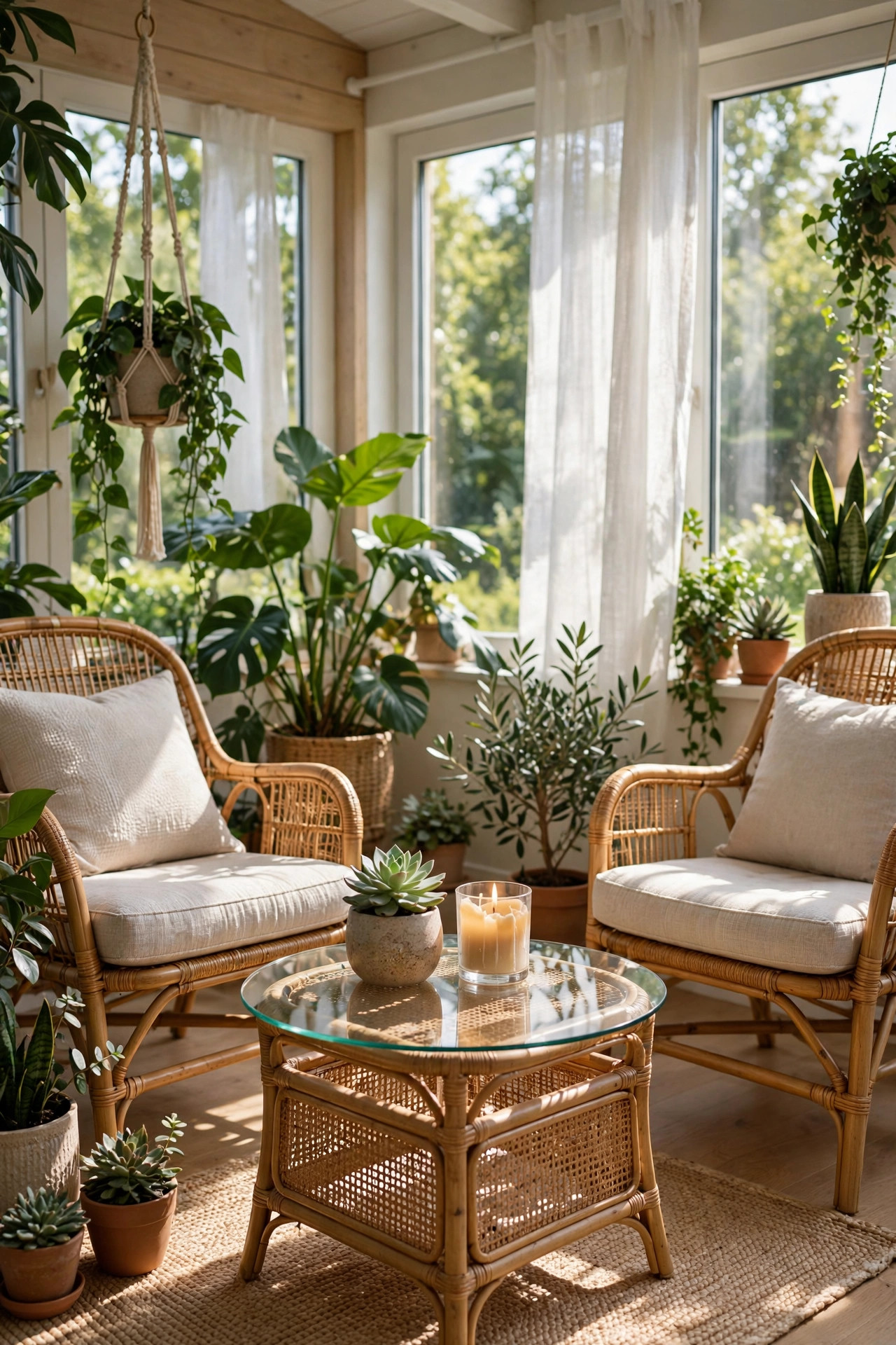 Glass top side tables with rattan bases styled with a succulent and candle