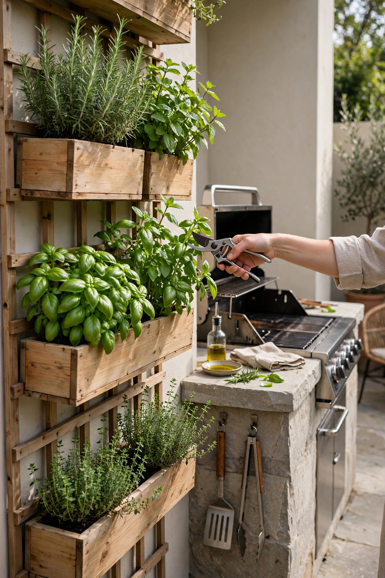 Vertical herb garden with potted basil rosemary and mint beside the grill