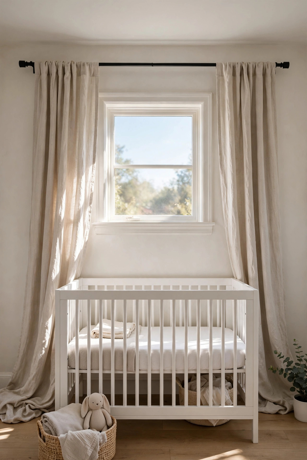 Beige linen curtains hung high and wide around a small nursery window
