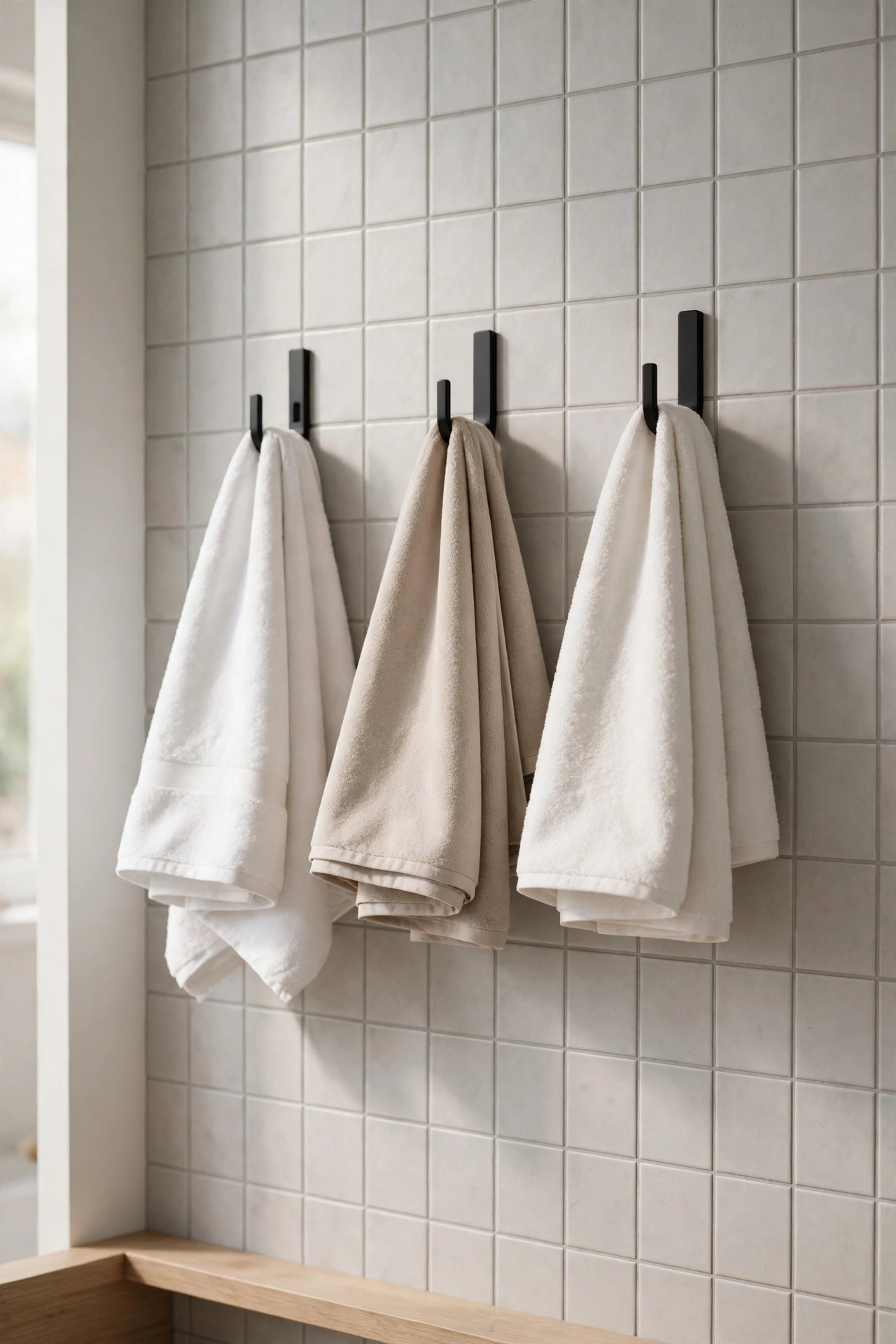 Matte black wall hooks holding folded towels in a small bathroom.