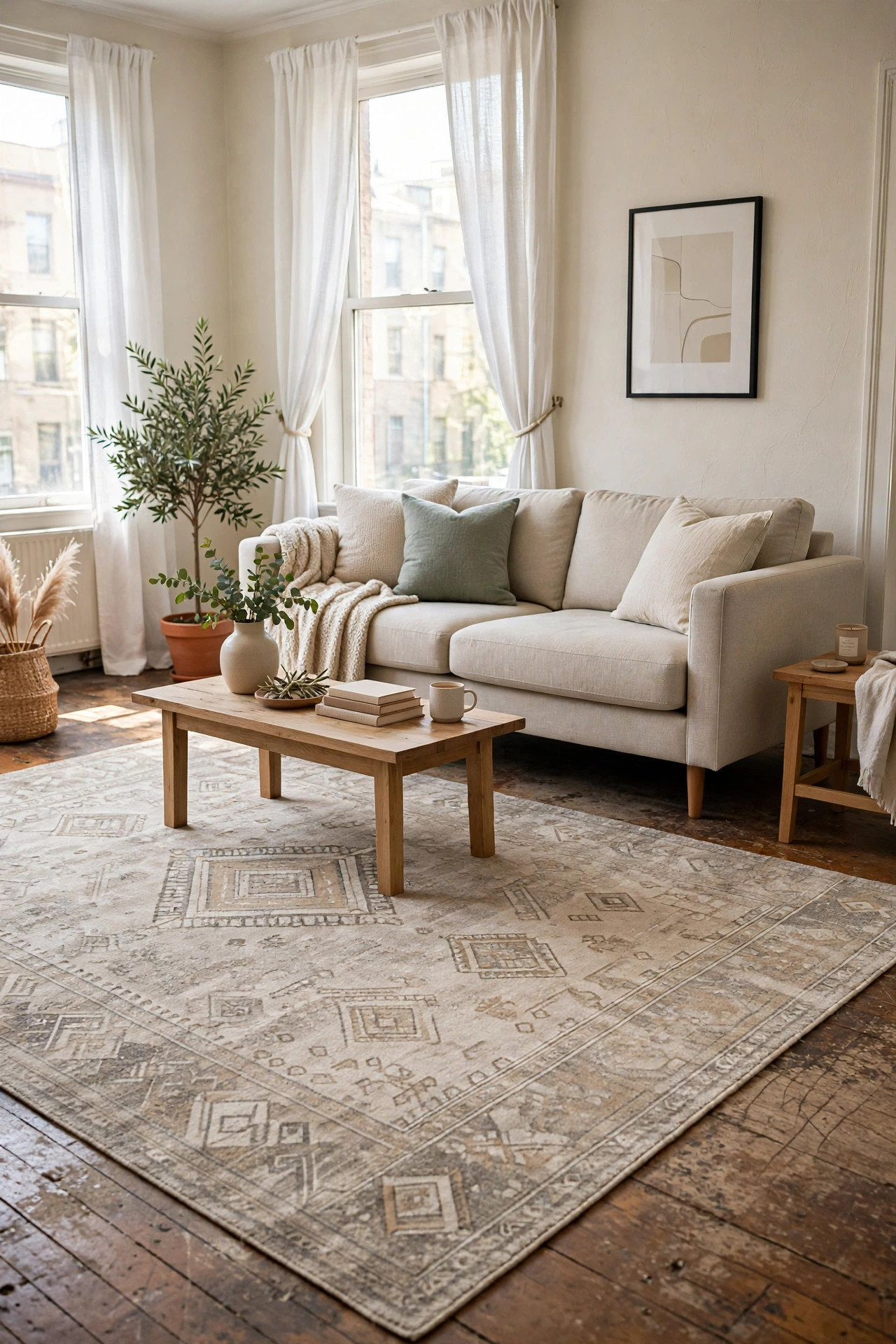 Living room with a large patterned area rug over worn floors.