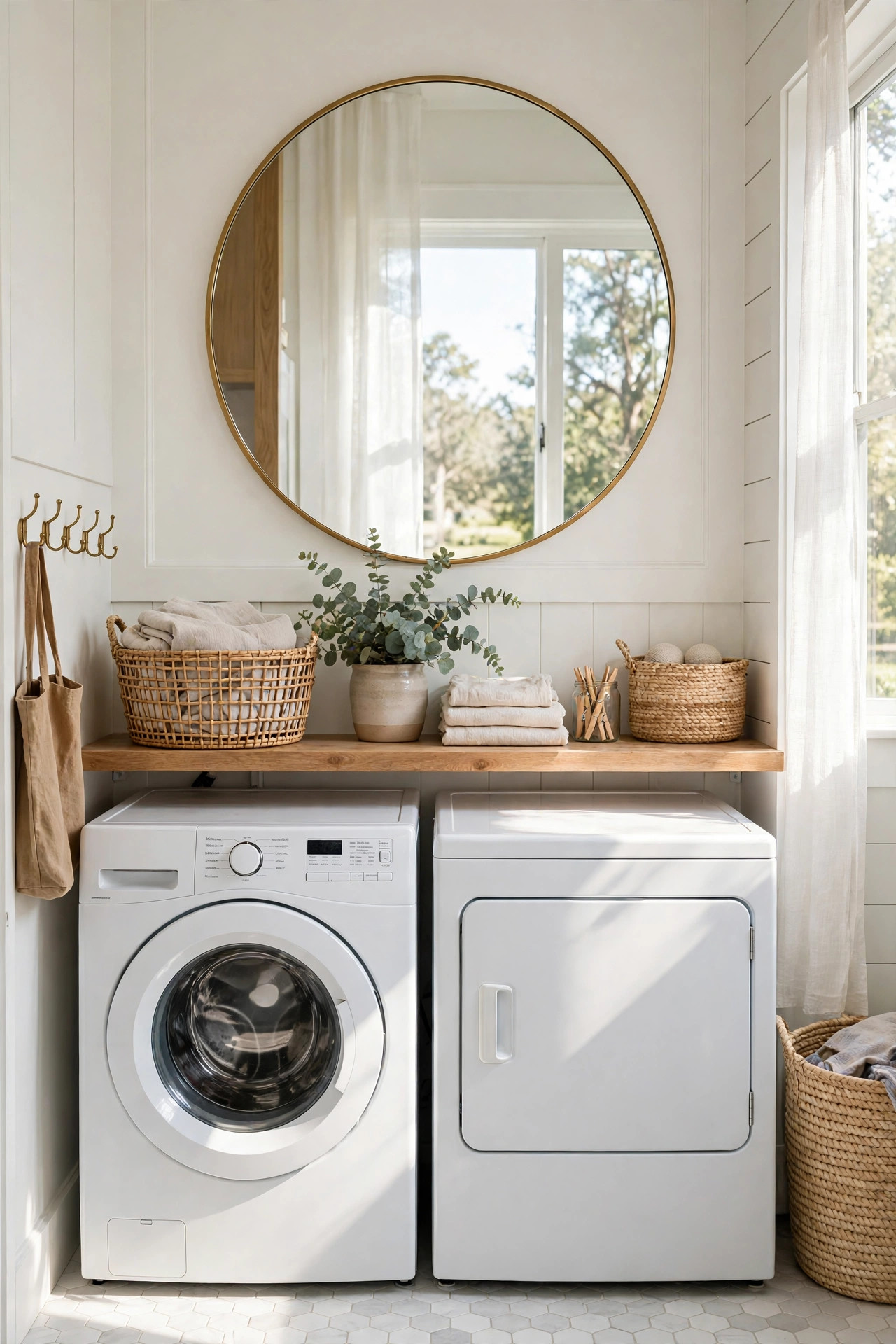 Large round mirror with a thin brass frame reflecting daylight in a small laundry room.