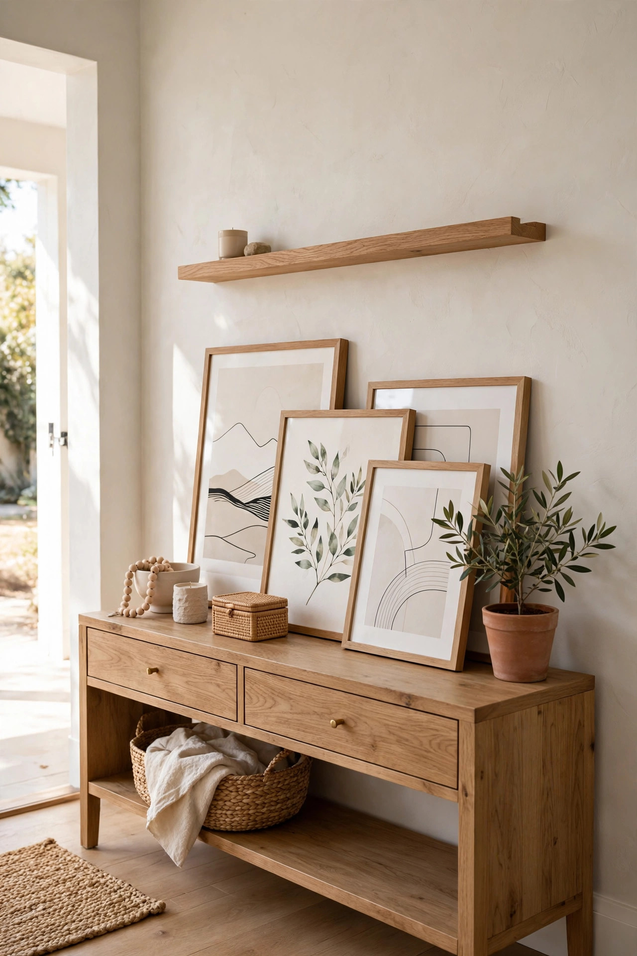 15 Gallery Wall Ideas That Look Curated, Not Cluttered 14 Framed art prints lean in overlapping layers on a wooden picture ledge above a console table.
