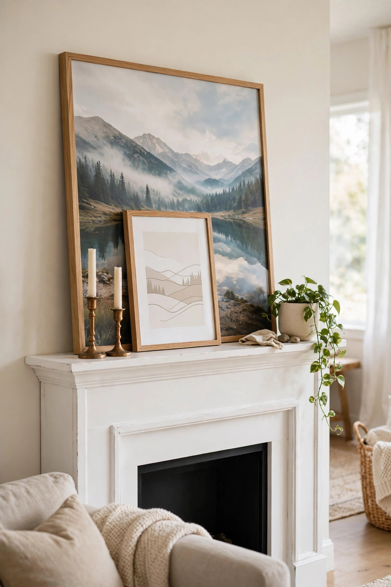 Large framed landscape print leaning on a fireplace mantel with candles and a plant
