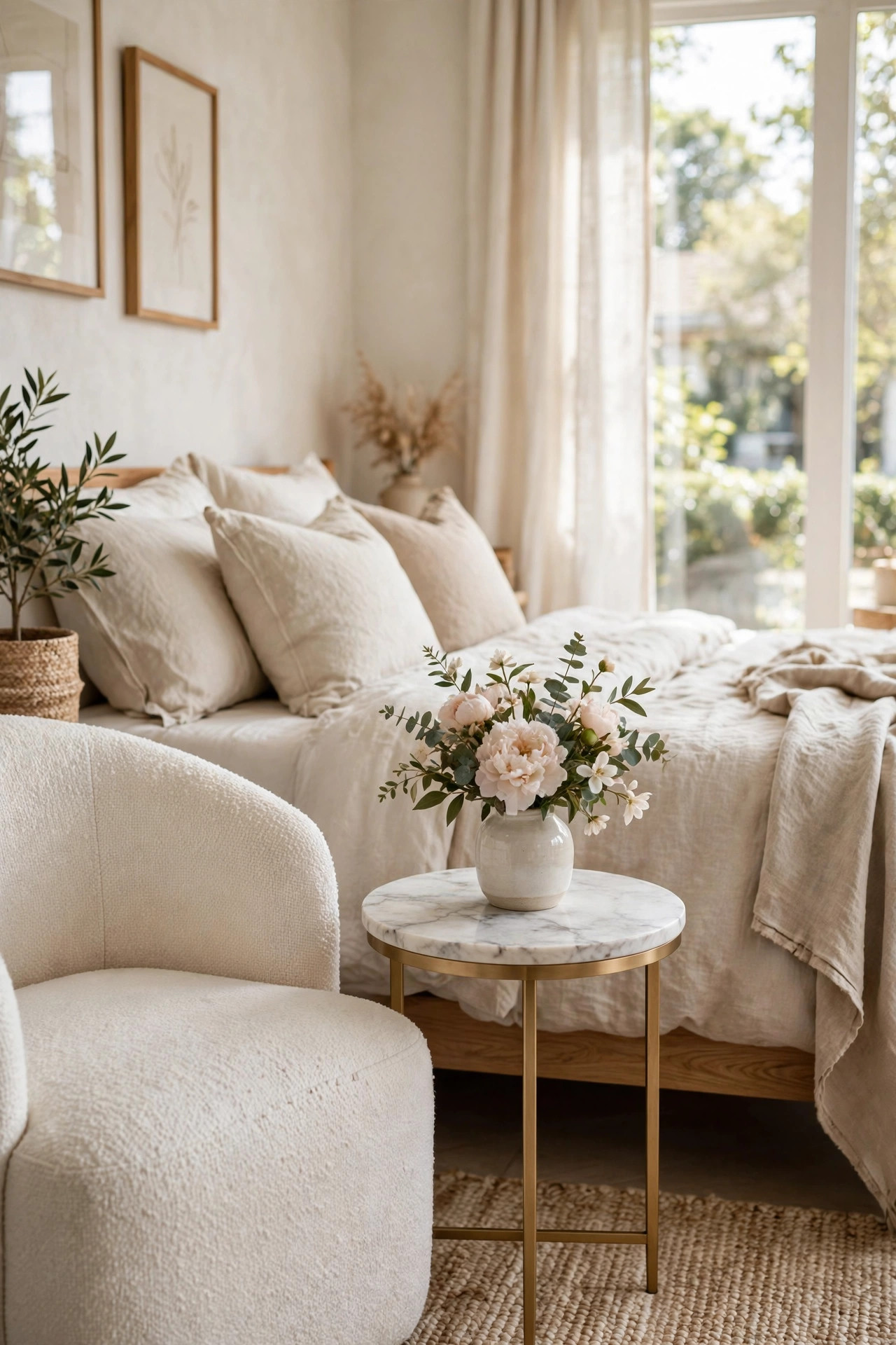 17 Art Deco Bedroom Ideas With a Modern Twist 14 A small round side table with a white marble top and slim brass base beside a bedroom chair.
