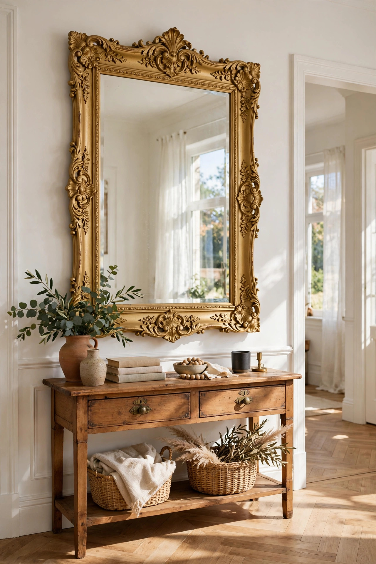 15 Thrift Store Furniture Flips Worth Trying 14 A large mirror with a gold painted ornate frame hung above a hallway console