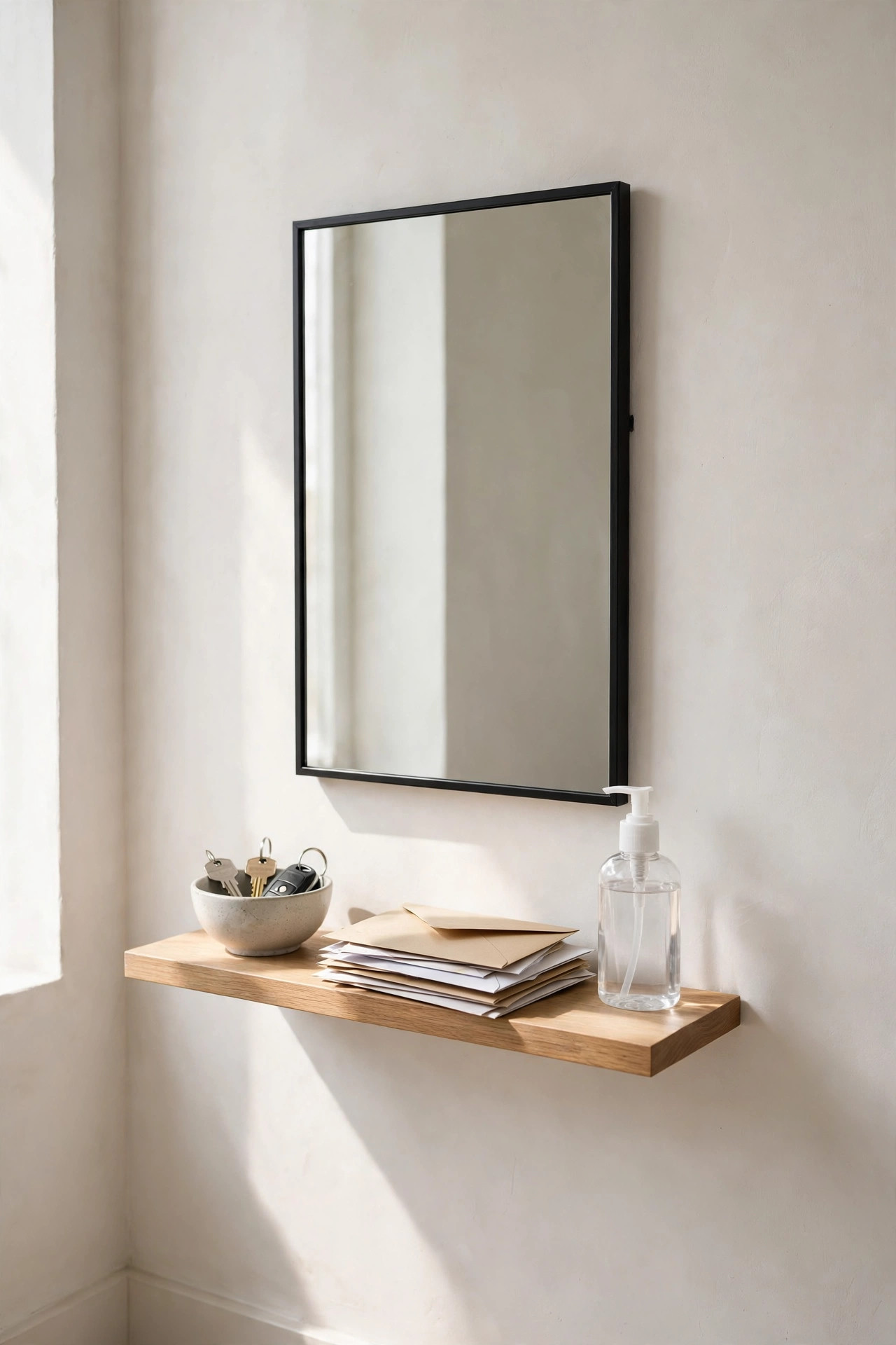 Mirror with a wooden shelf below it holding keys in a small entryway