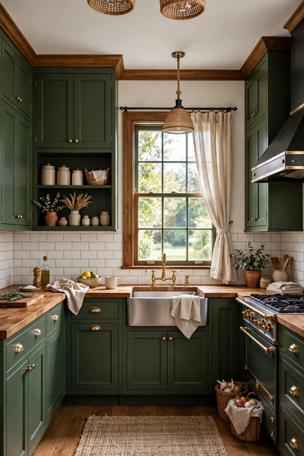 Craftsman kitchen with deep moss green cabinets and warm butcher block counters.