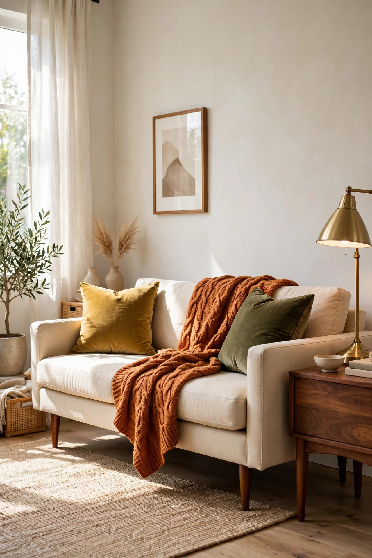 17 Mid-Century Modern Living Room Ideas That Still Feel Fresh 14 Cream sofa styled with mustard and olive velvet pillows and a rust knit throw