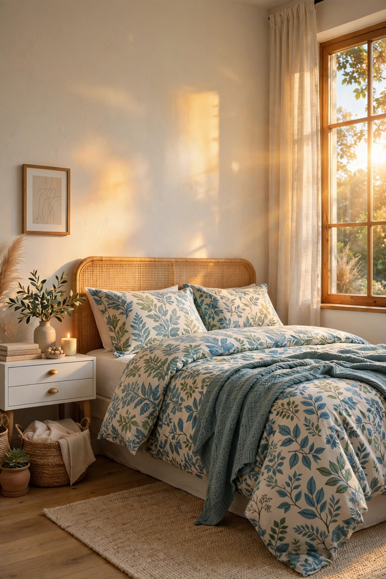 15 Warm White Paint Colors That Work in Every Room 14 Guest bedroom with warm white walls, patterned bedding, nightstand, and warm daylight