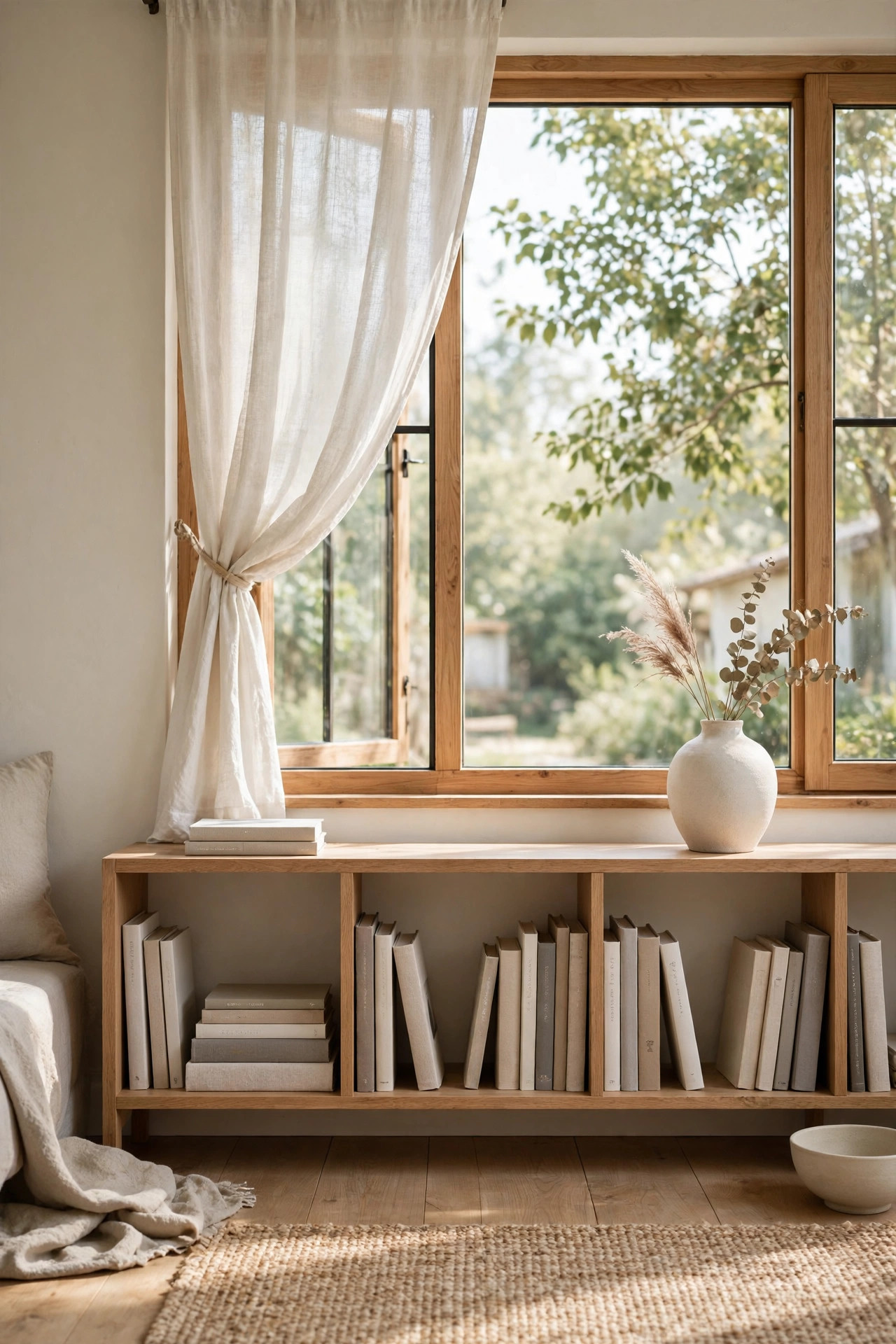 Open low bookshelf in light oak under a window with styled books and a ceramic vase