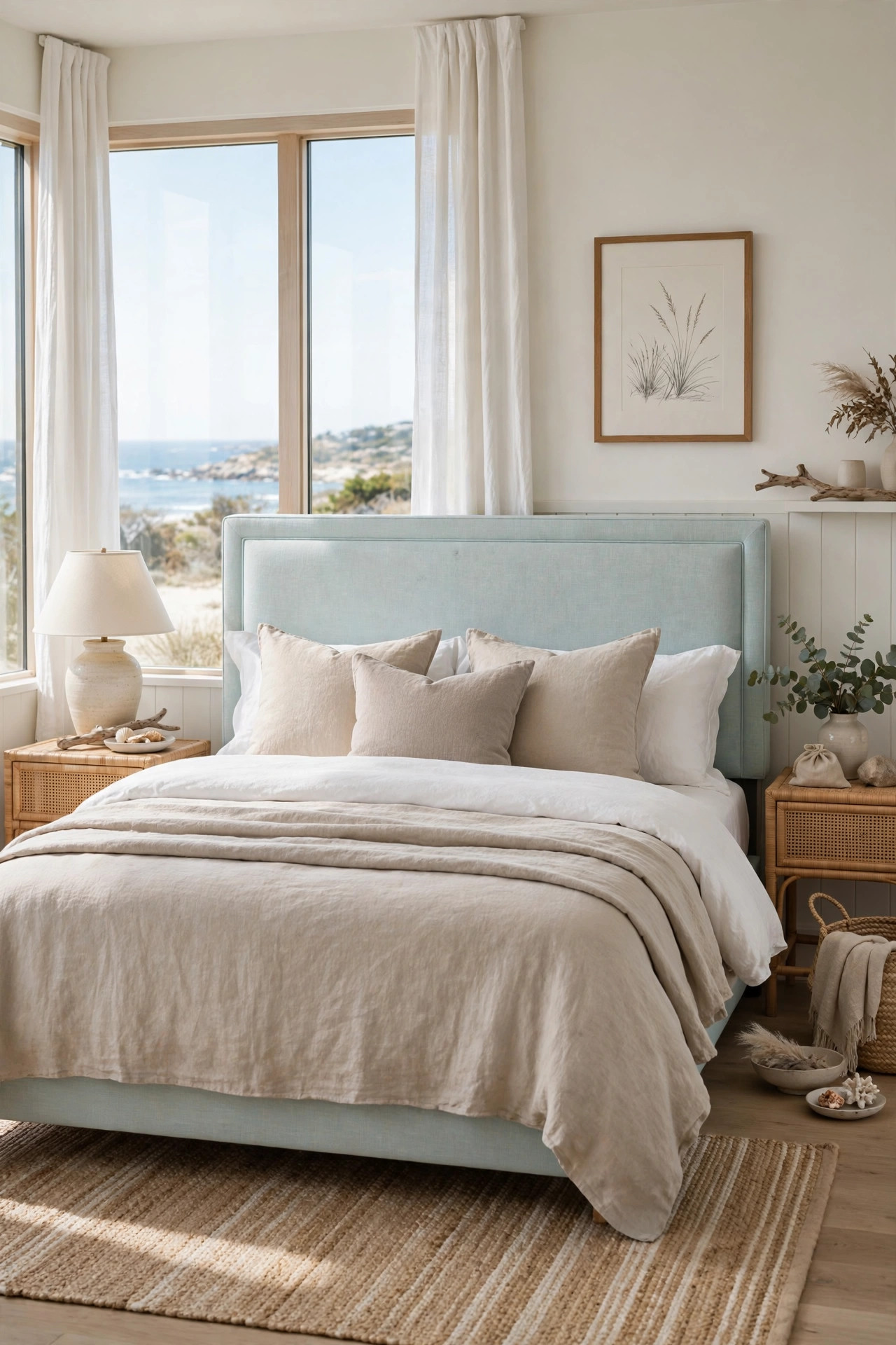 18 Coastal Bedroom Ideas Without the Cliches 14 Bed with a pale aqua upholstered linen headboard