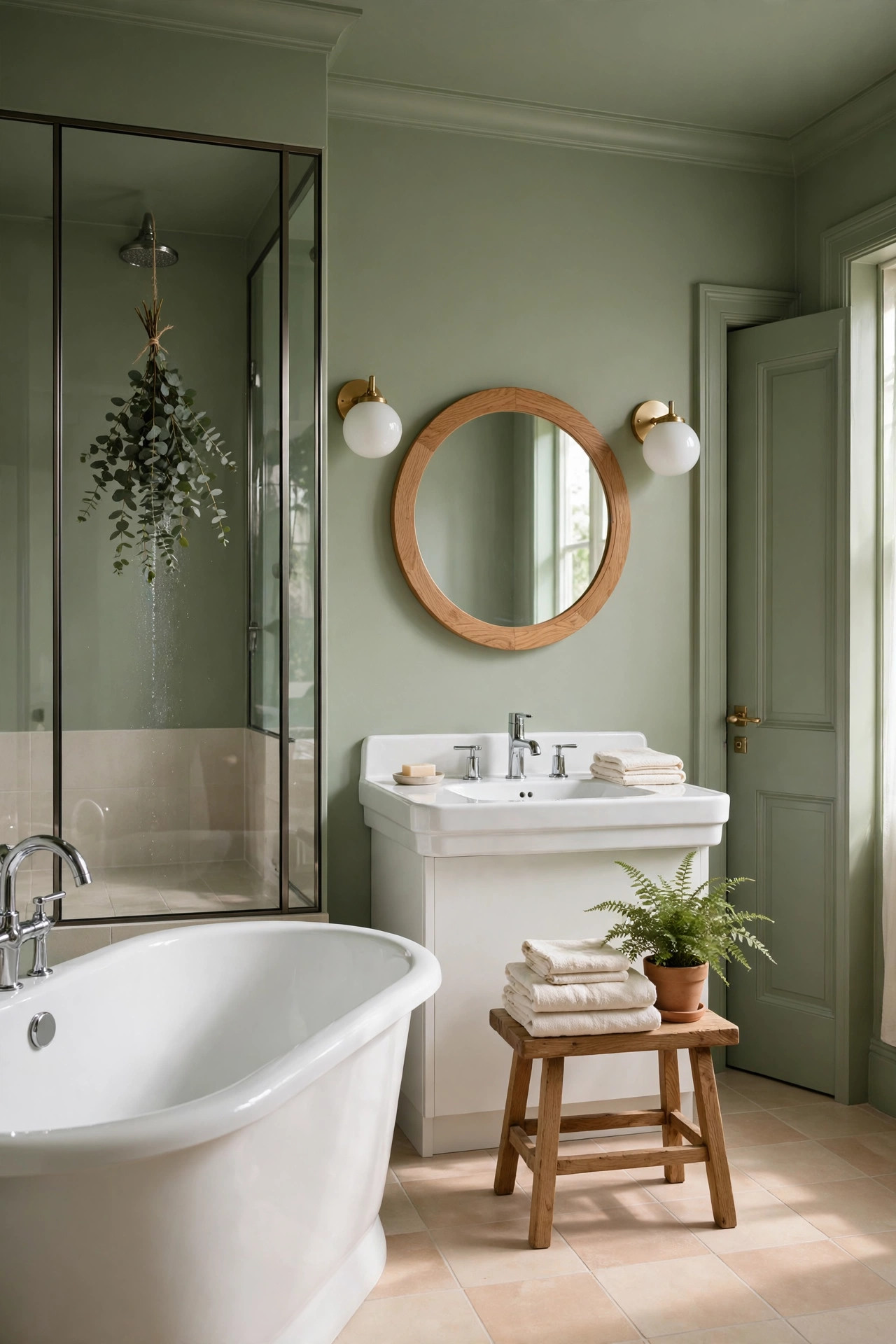 Sage green bathroom with fully painted walls and ceiling