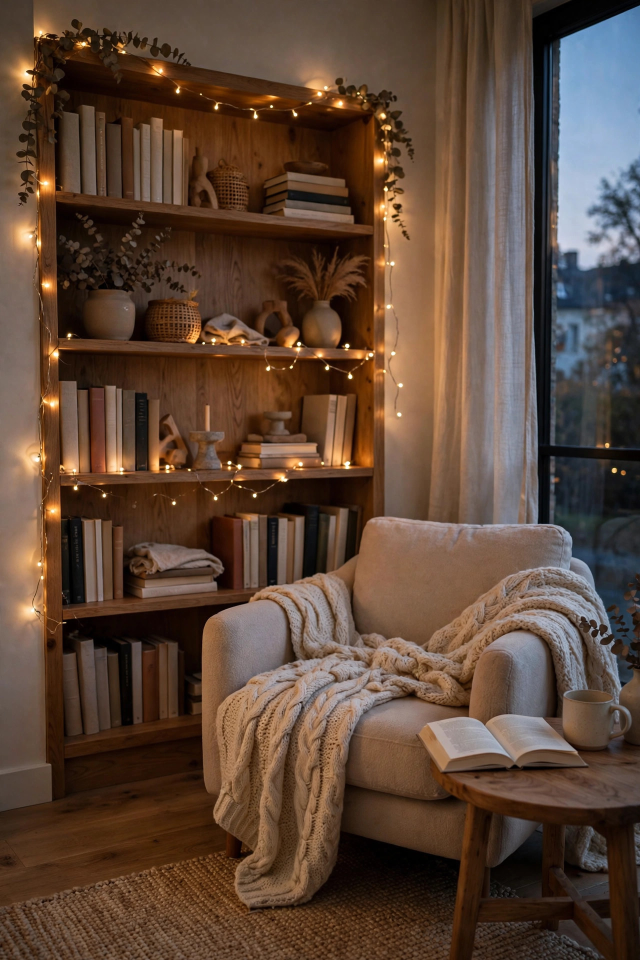 22 Decor Ideas Under $50 That Change Everything 14 Cozy reading corner with warm string lights draped along a bookshelf at dusk