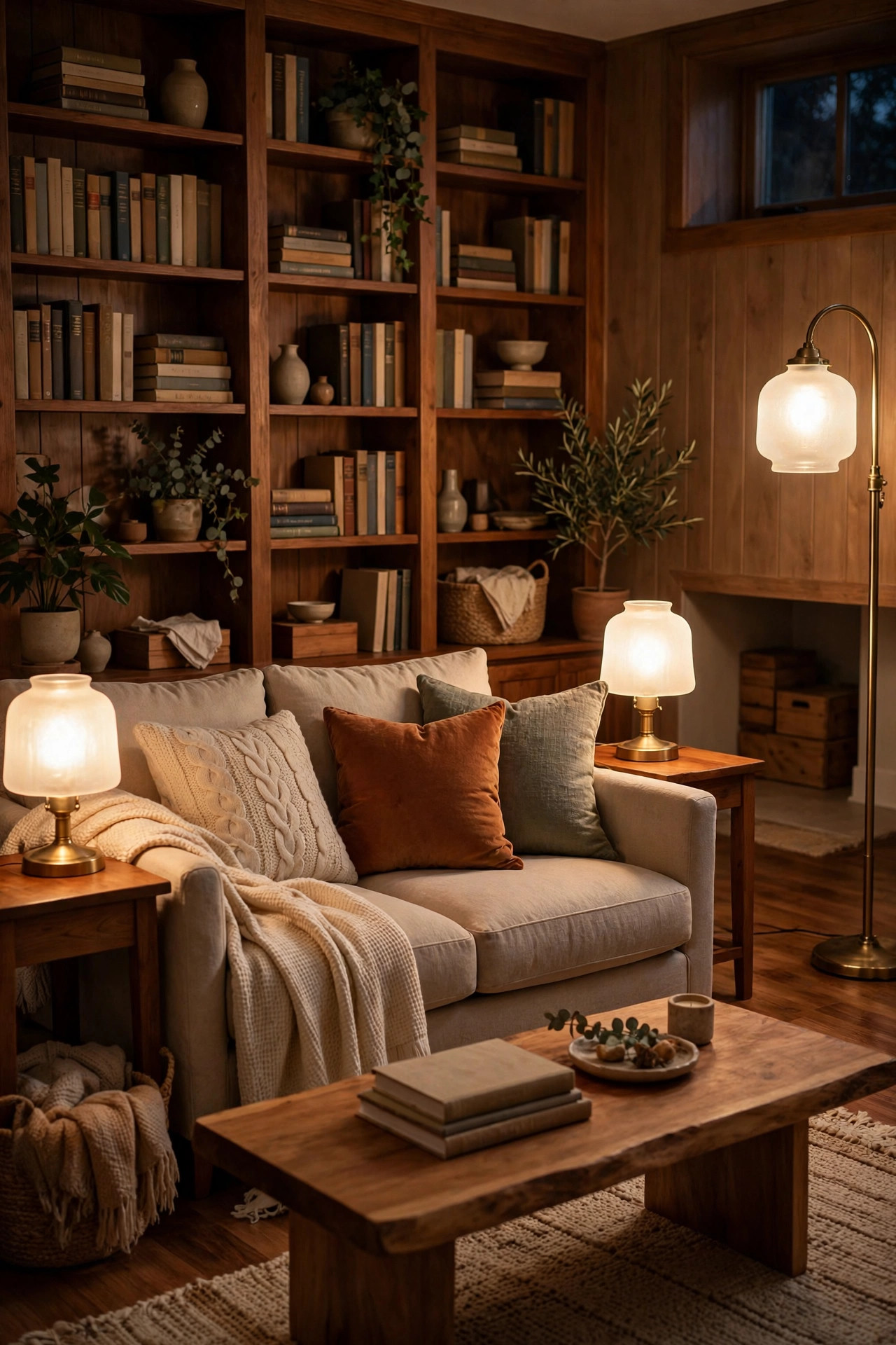 Table lamps and floor lamps casting warm white light across a cozy basement family room in the evening.