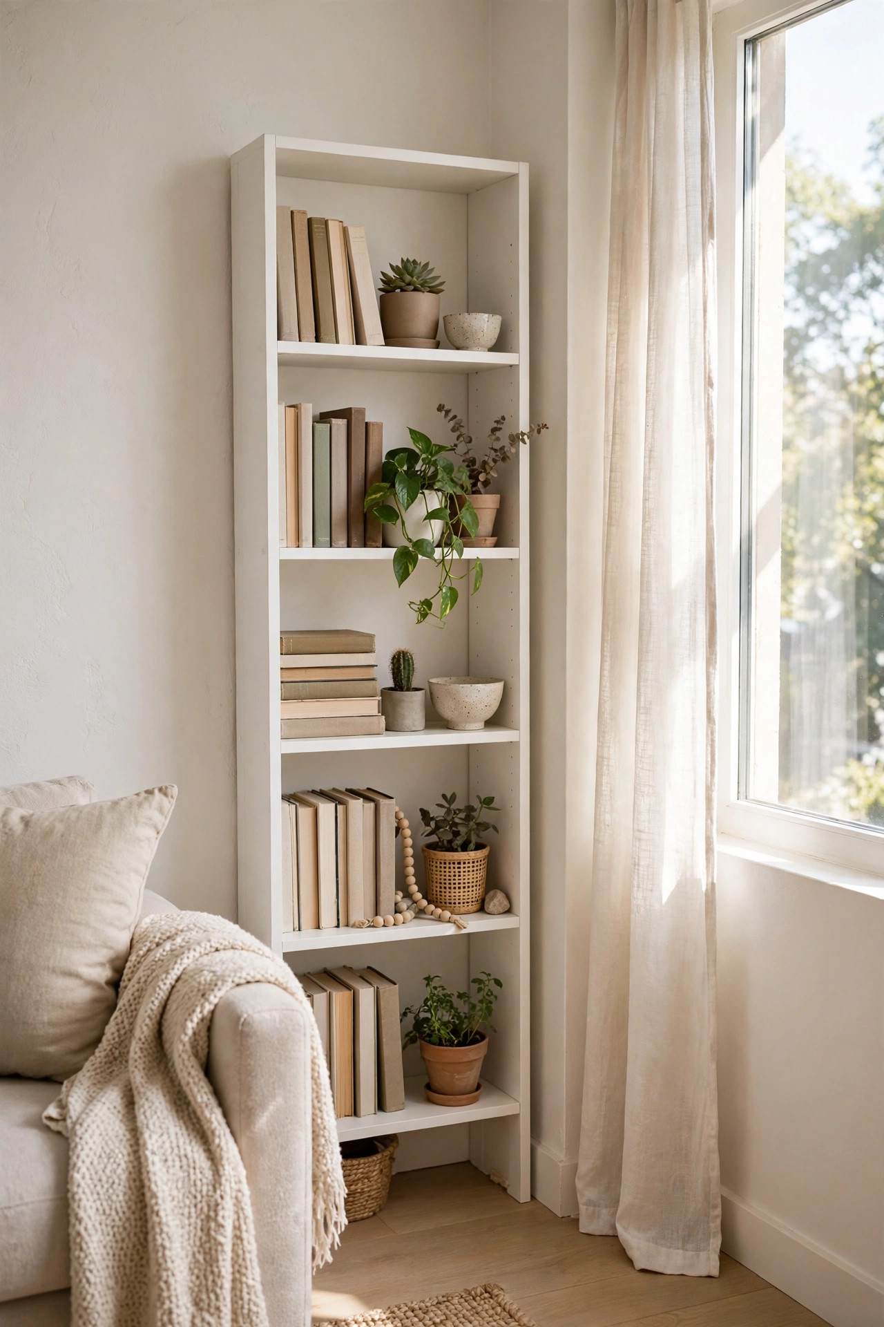 Tall narrow white bookshelf tucked into a corner filled with books, plants and a ceramic bowl