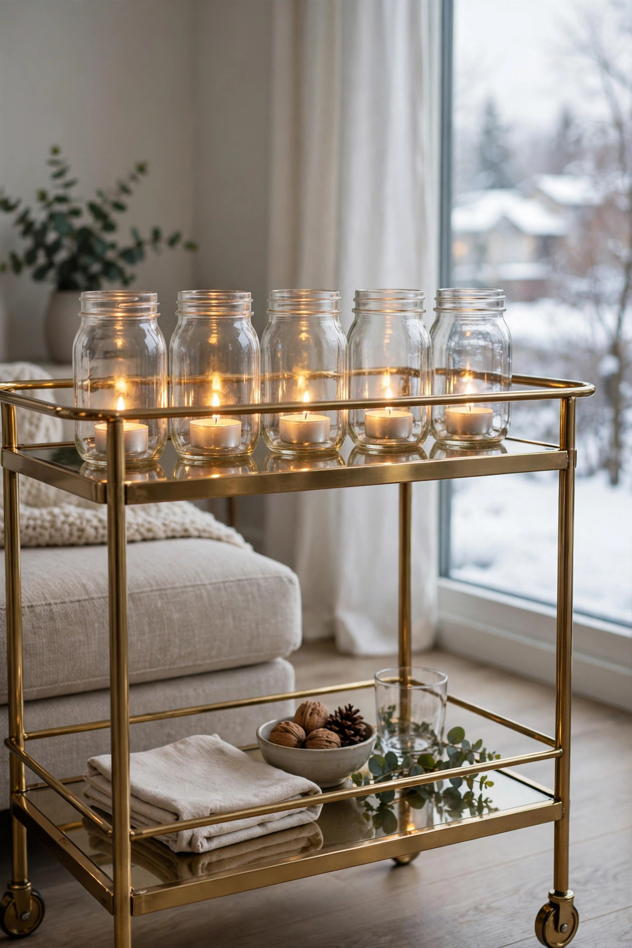 Five mason jars with tea lights glowing on the top shelf of a bar cart
